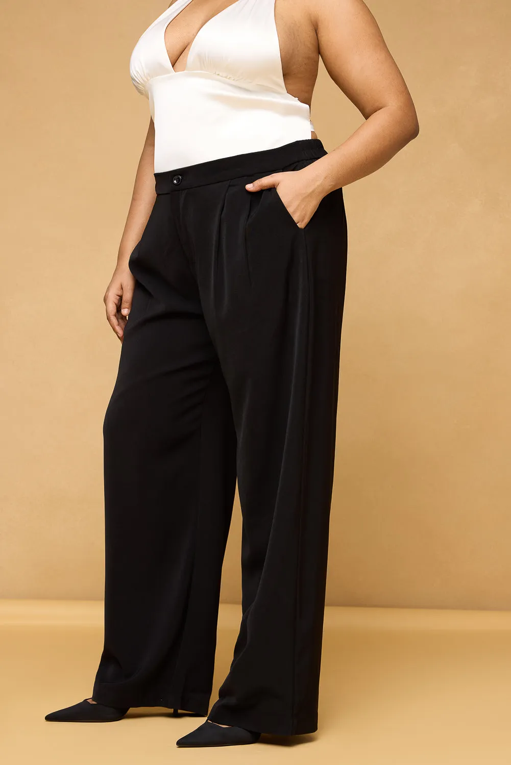 Anti Static Finish Curve Black Pleated Straight Korean Pants
