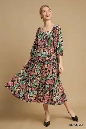 Earth Colors Black Mix Tropical Print Midi Dress