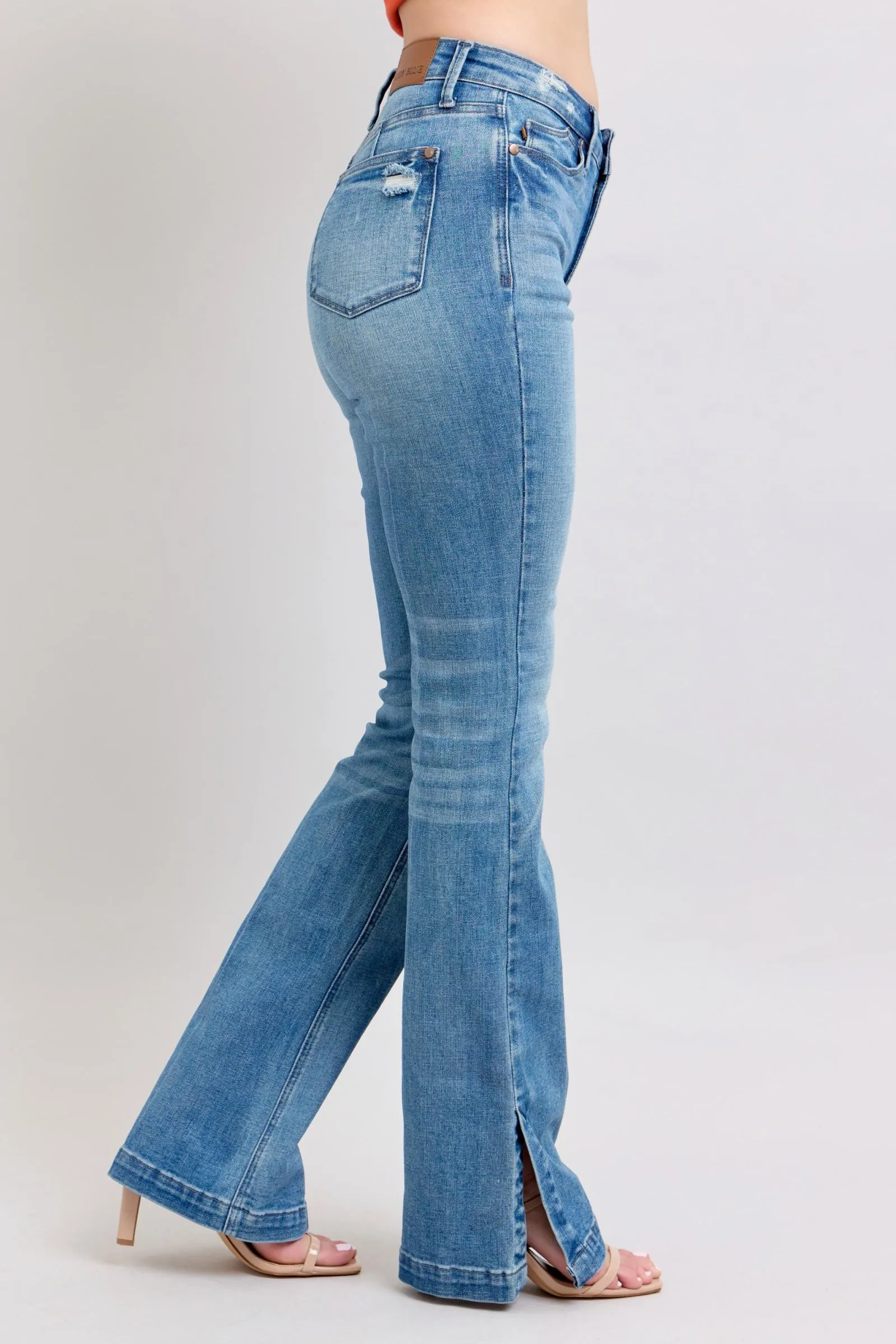 Judy Blue High Waist Vintage Wash Side Slit Slim Boot Cut Jeans TaglessDesign HeatRegulating