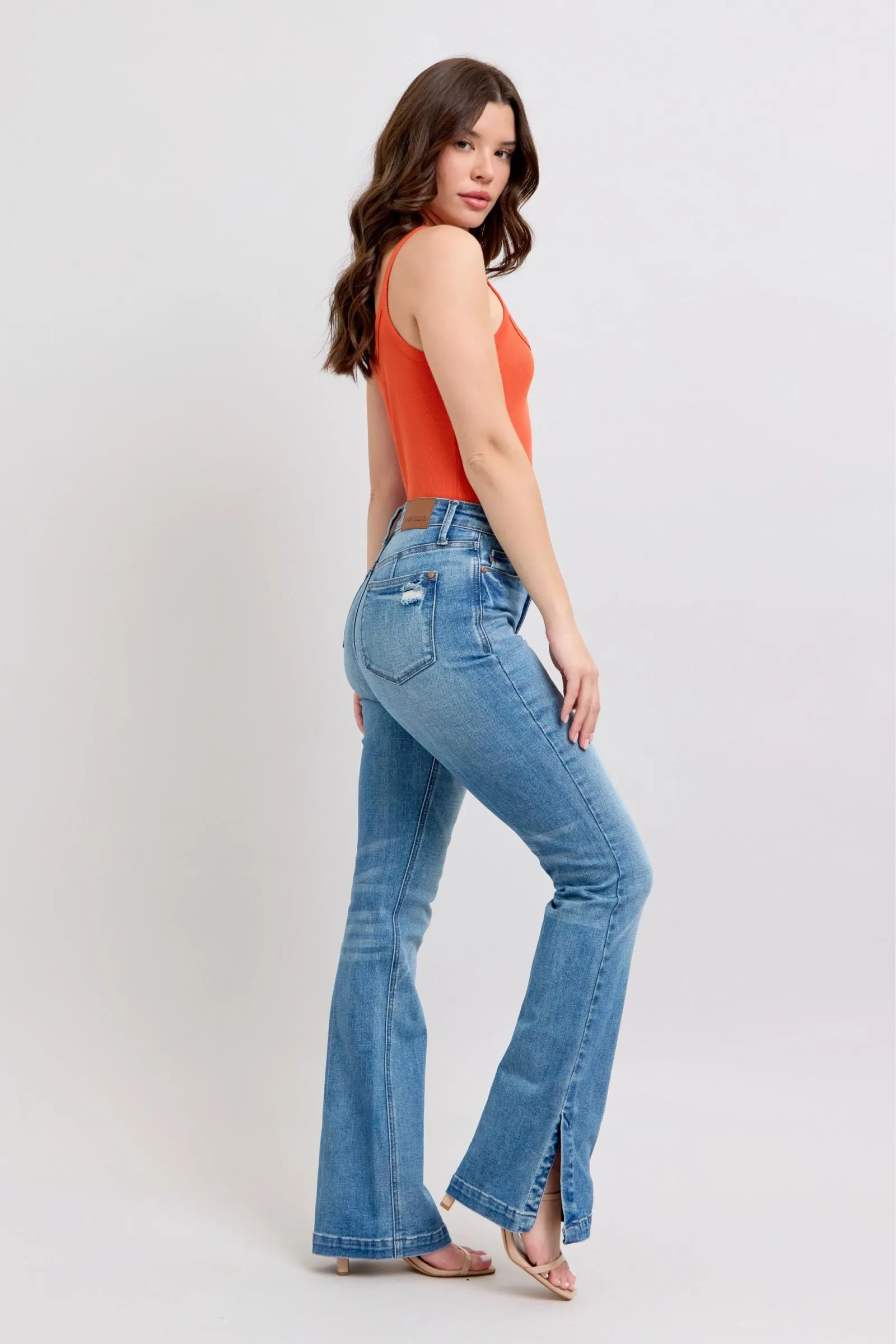 Judy Blue High Waist Vintage Wash Side Slit Slim Boot Cut Jeans Sporty Stretch Fit Modular Attachment