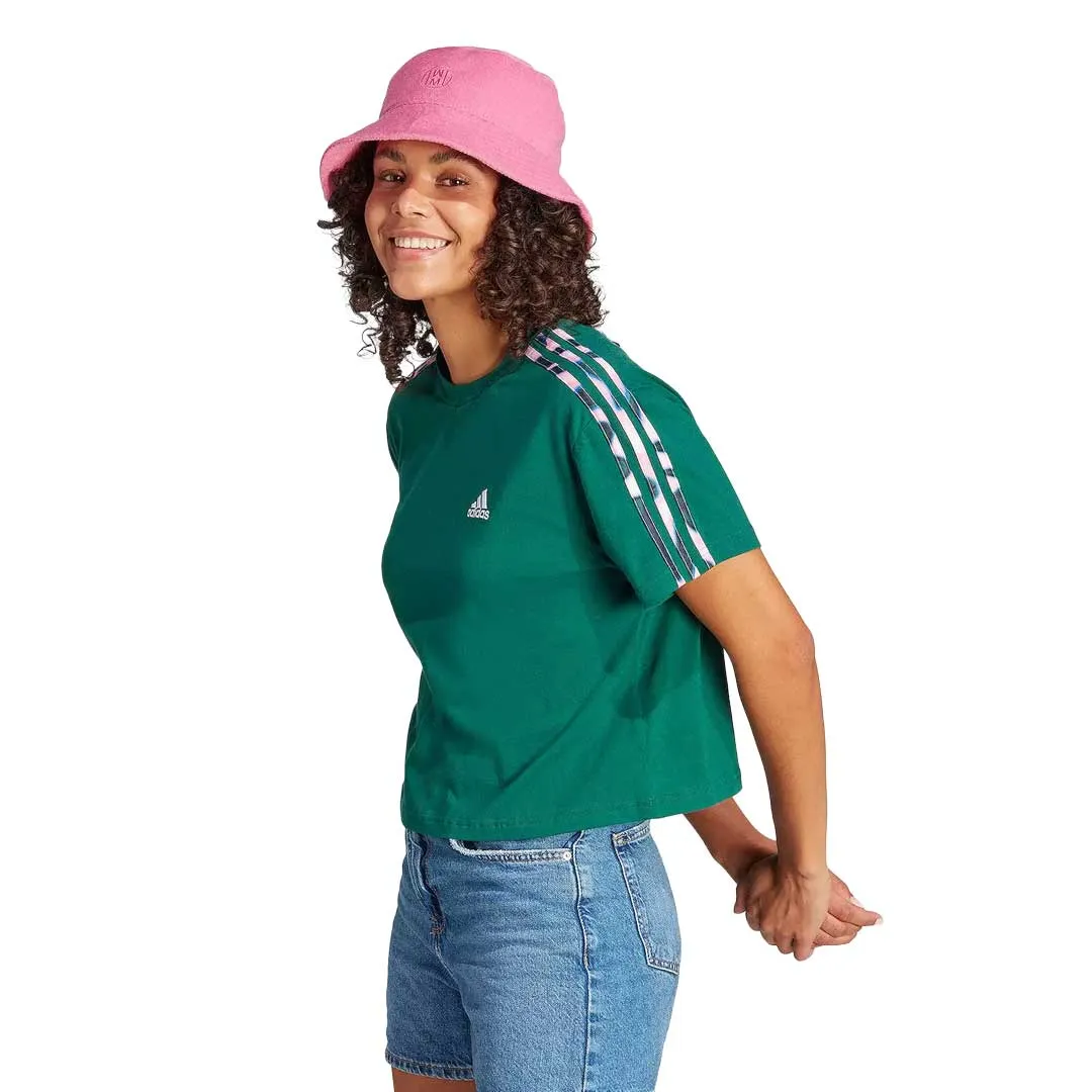 adidas - Women's Vibrant Print 3-Stripes Cotton Crop T-Shirt (IL5869) HighVisibility Trims Mesh Venting