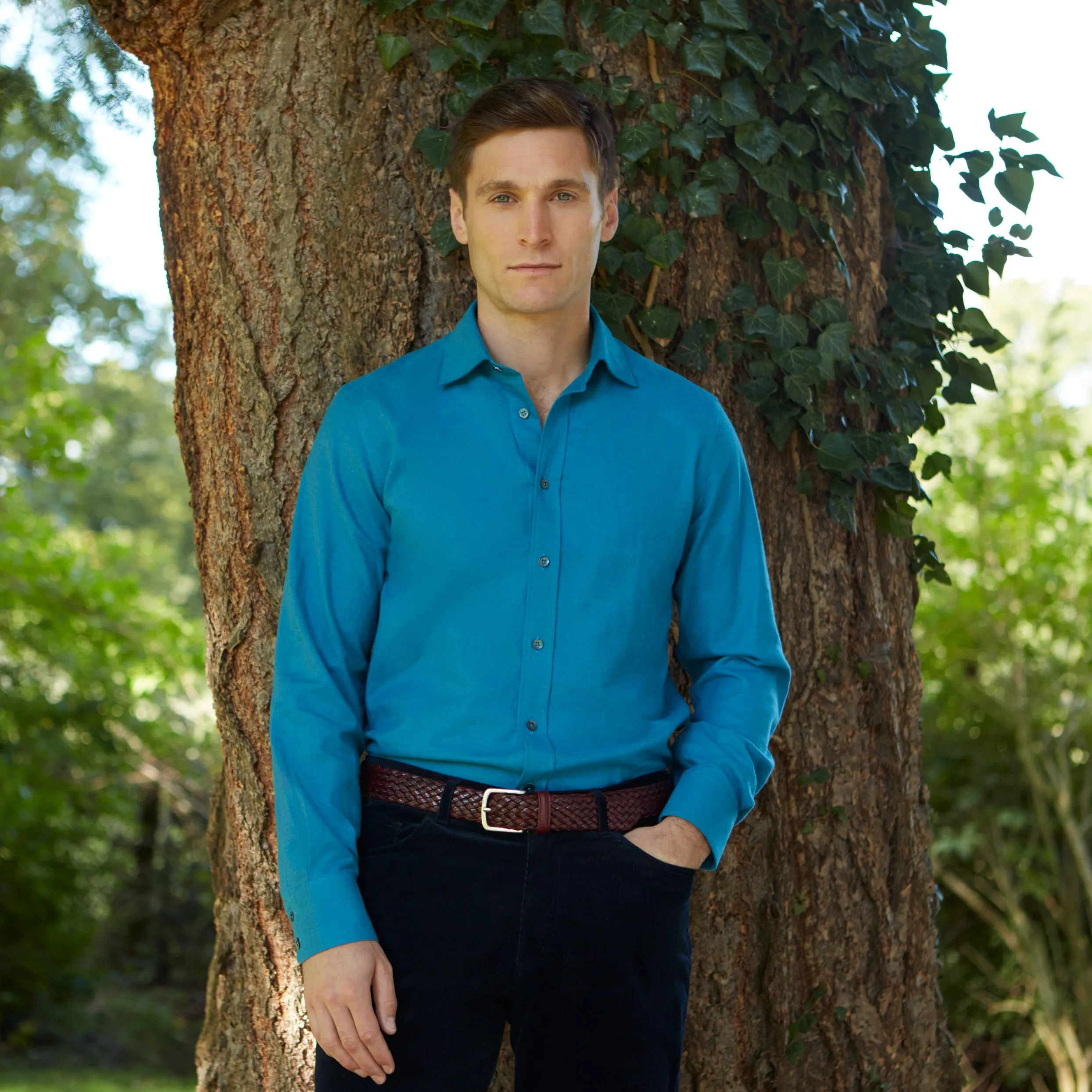 Alex Teal Melange Twill Shirt Relaxed Comfort Stretchable Cloth