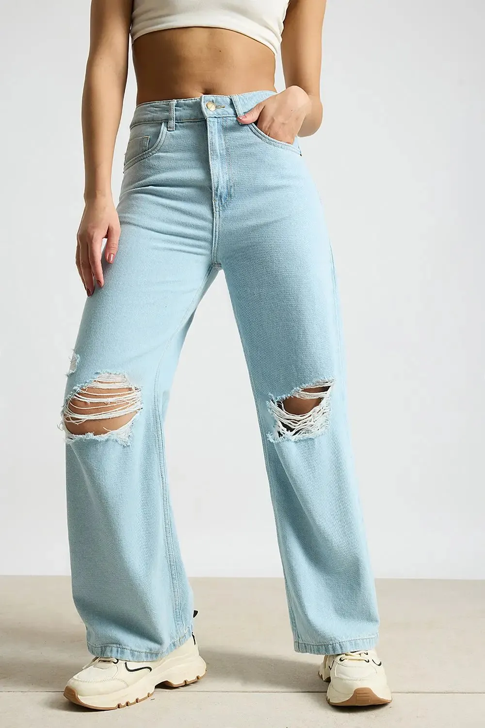 Work Ready Earthy Casual Friday Durable Athlete Fit Aqua Haze Distressed Women's Wide Jeans