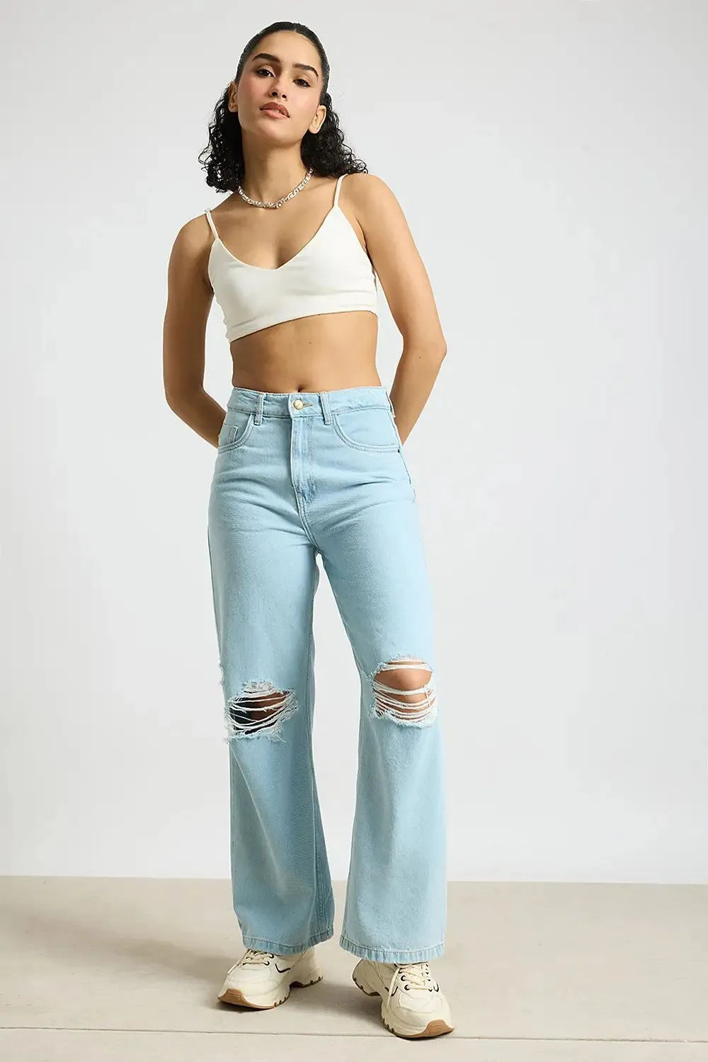 Chill Vibe Casual Smart Casual Unisex Wear Aqua Haze Distressed Women's Wide Jeans