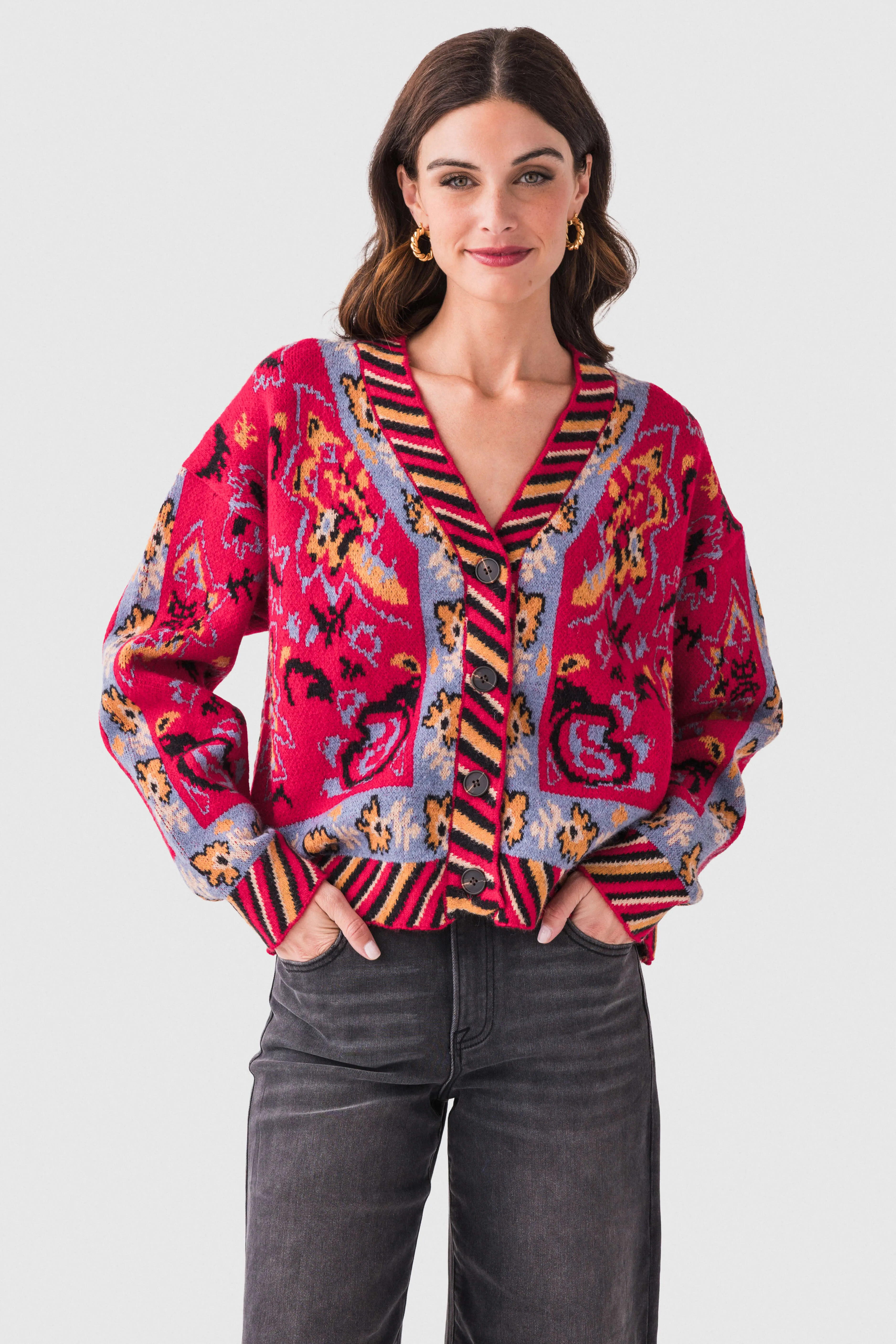 Chill Comfort Fleece Lining &Merci Printed Contrast Trim Cardigan