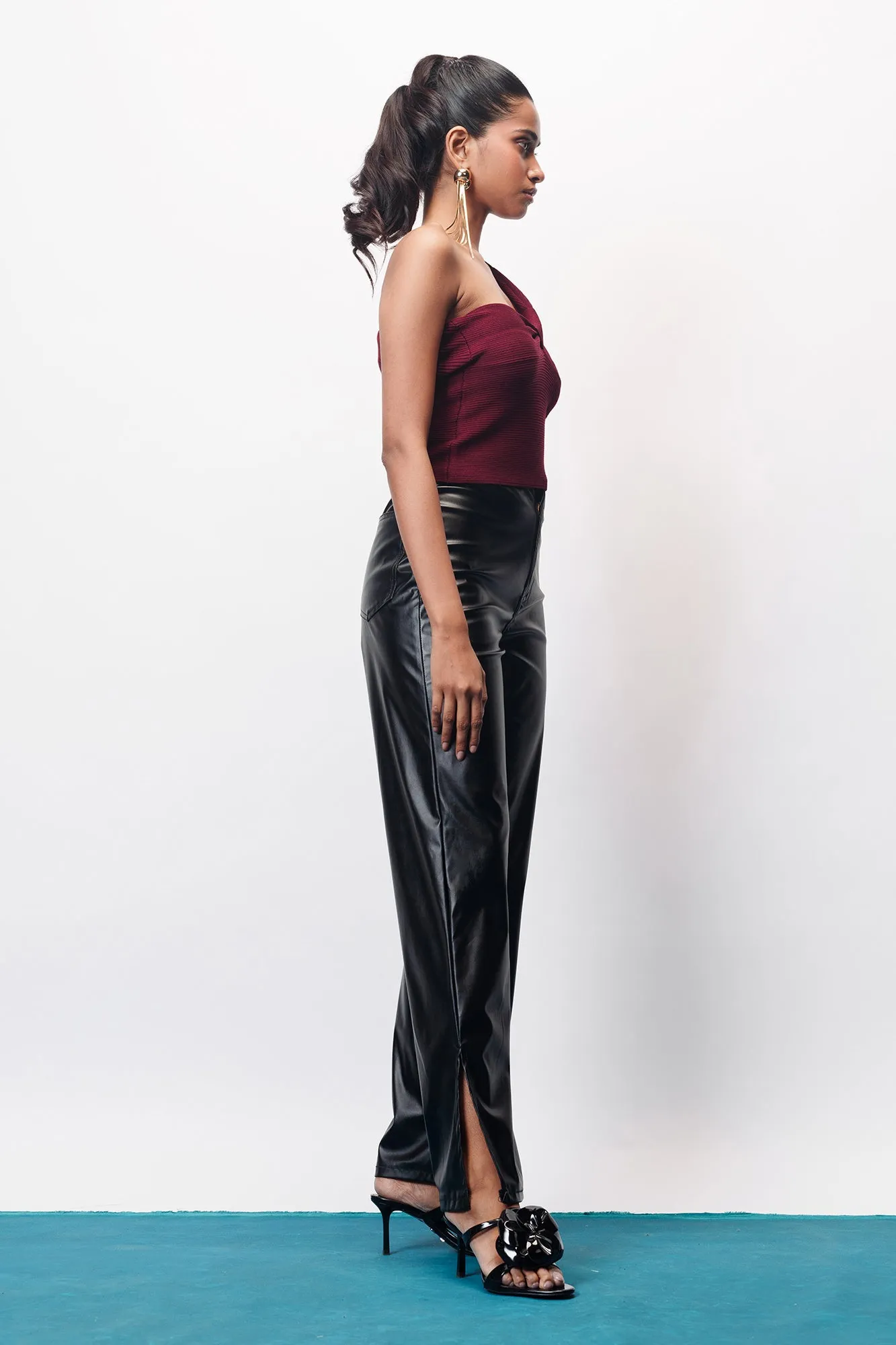 Iconic Black Slit Hem Women's Straight Leather Pants DurablePolyester