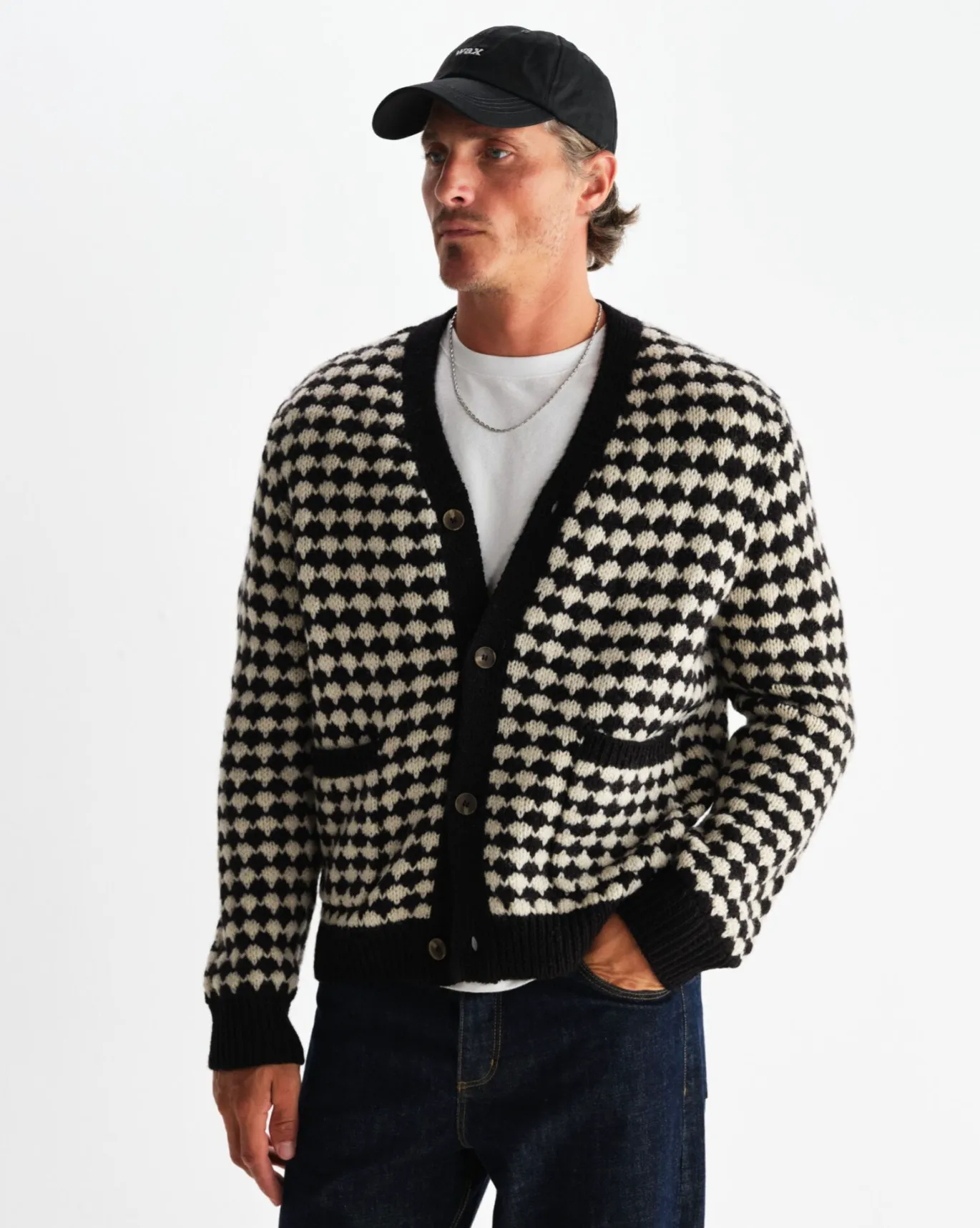 Cold Season Crisp Design Black Ecru Walker Cardigan