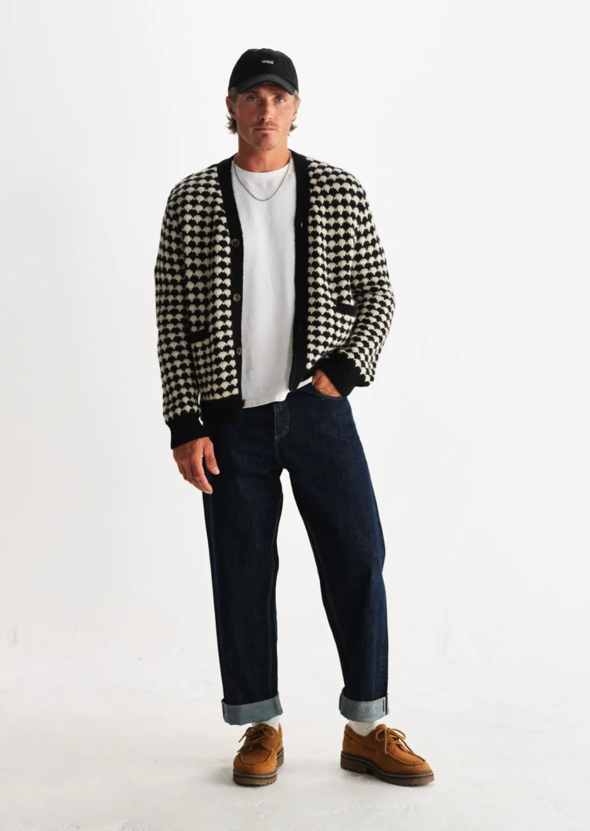 Black Ecru Walker Cardigan Breathable Honeycomb Weave StretchRecovery Yarn