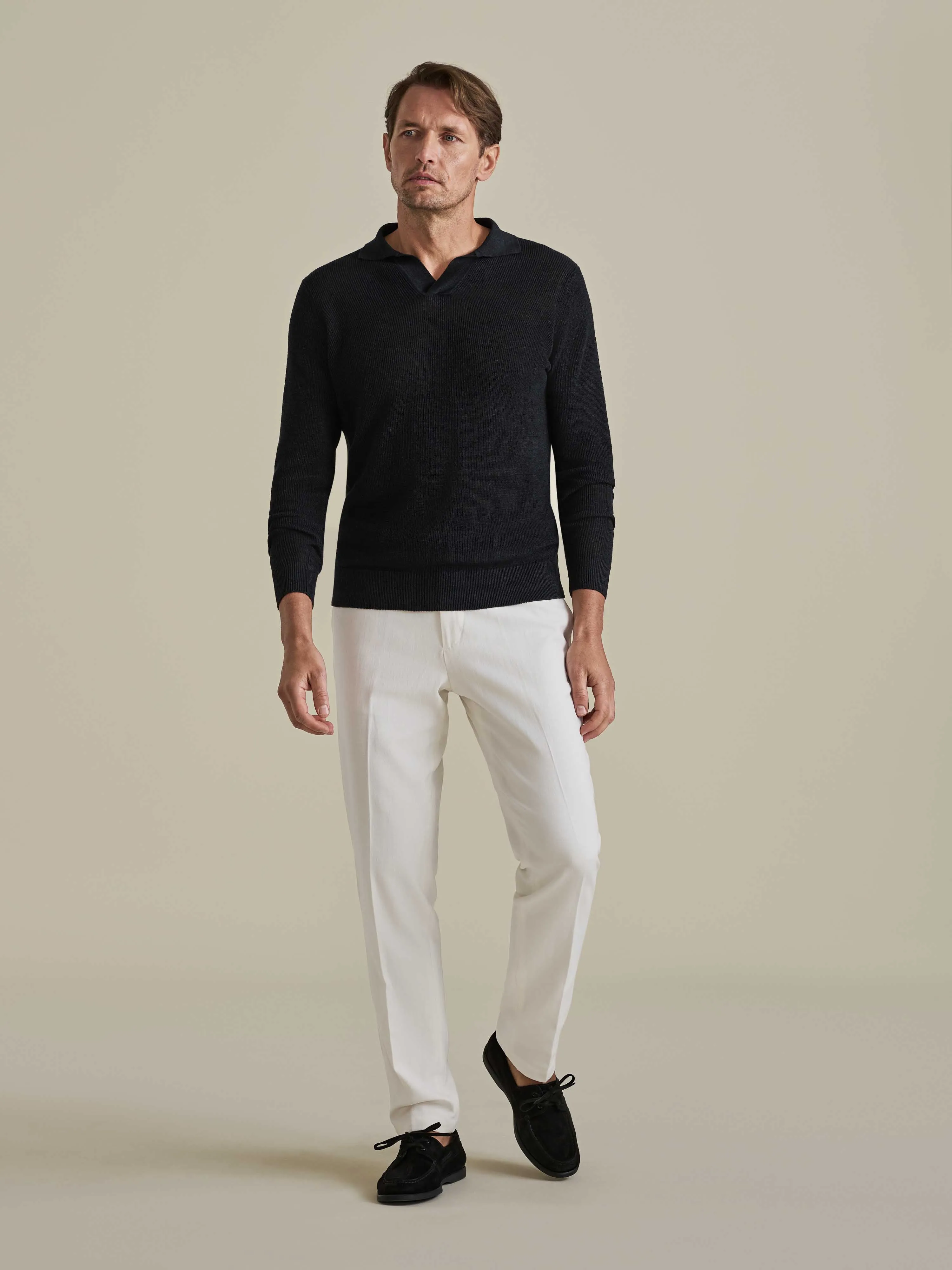 Stretchable Cuffs Neat Look Linen Cotton Long Sleeve Skipper Polo Shirt