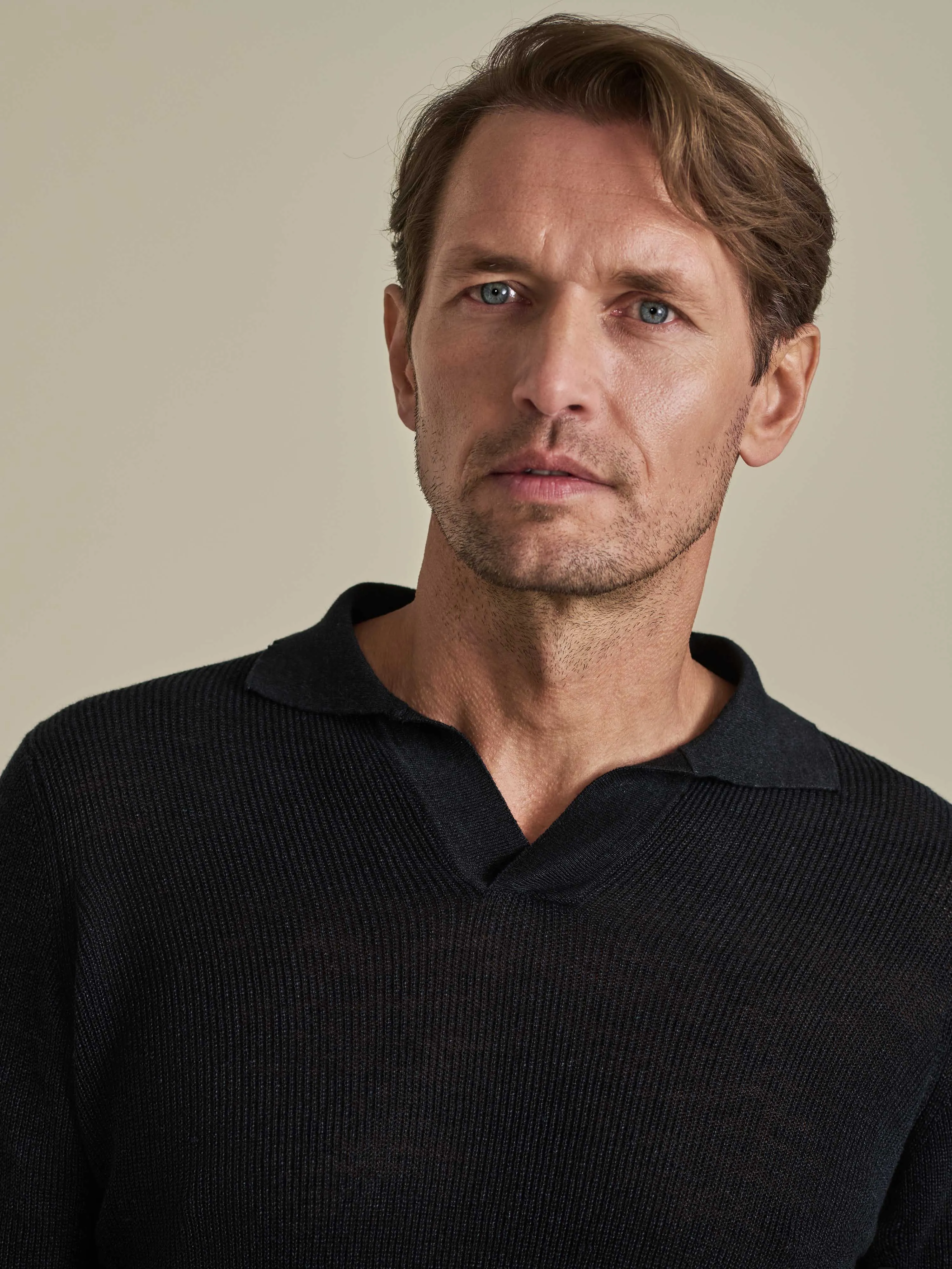 Linen Cotton Long Sleeve Skipper Polo Shirt Breathable Texture