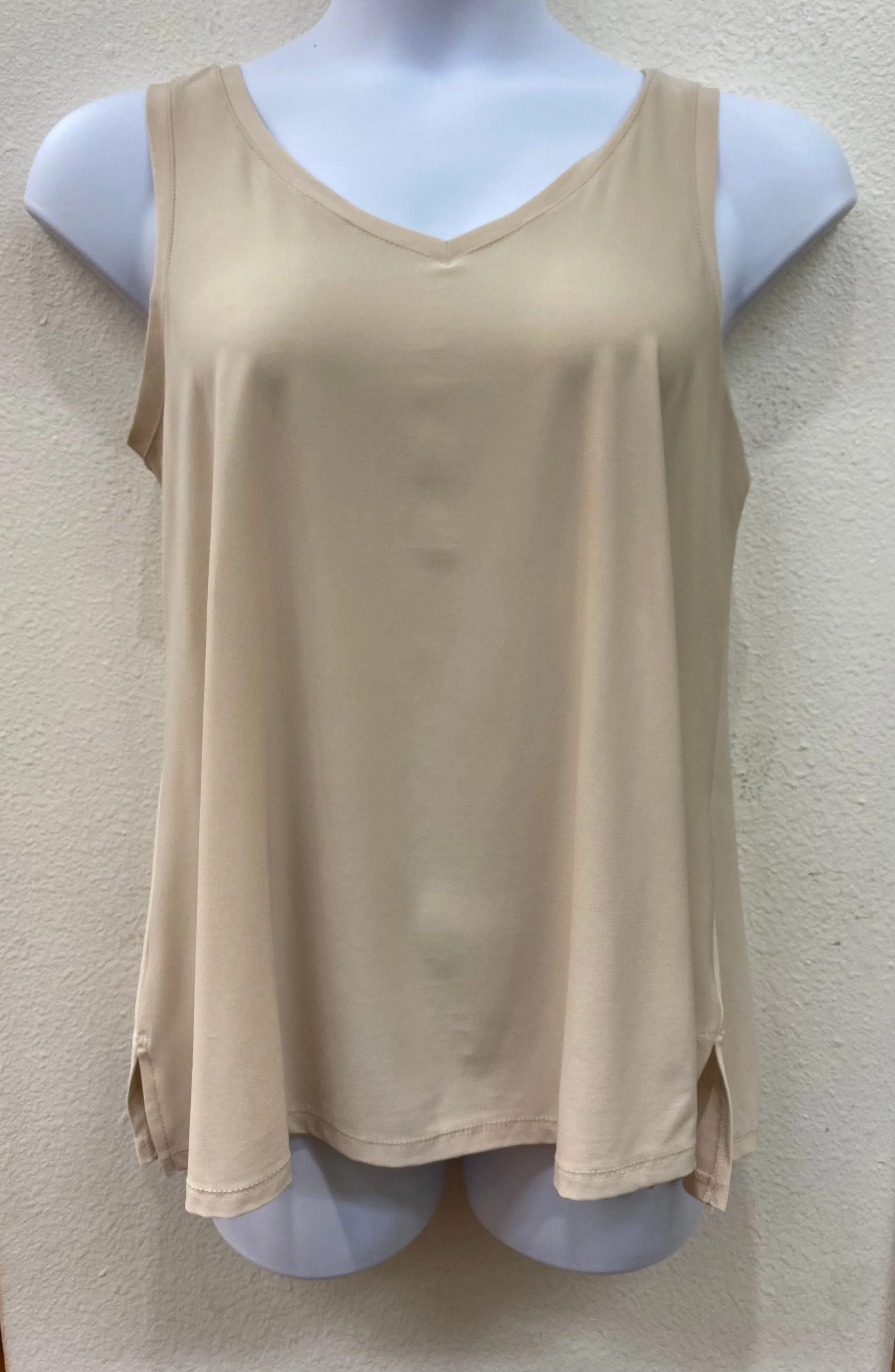 Beige V-Neck to Round Neck Reversible Tank Top Interlock Knit Multipurpose Layering Piece