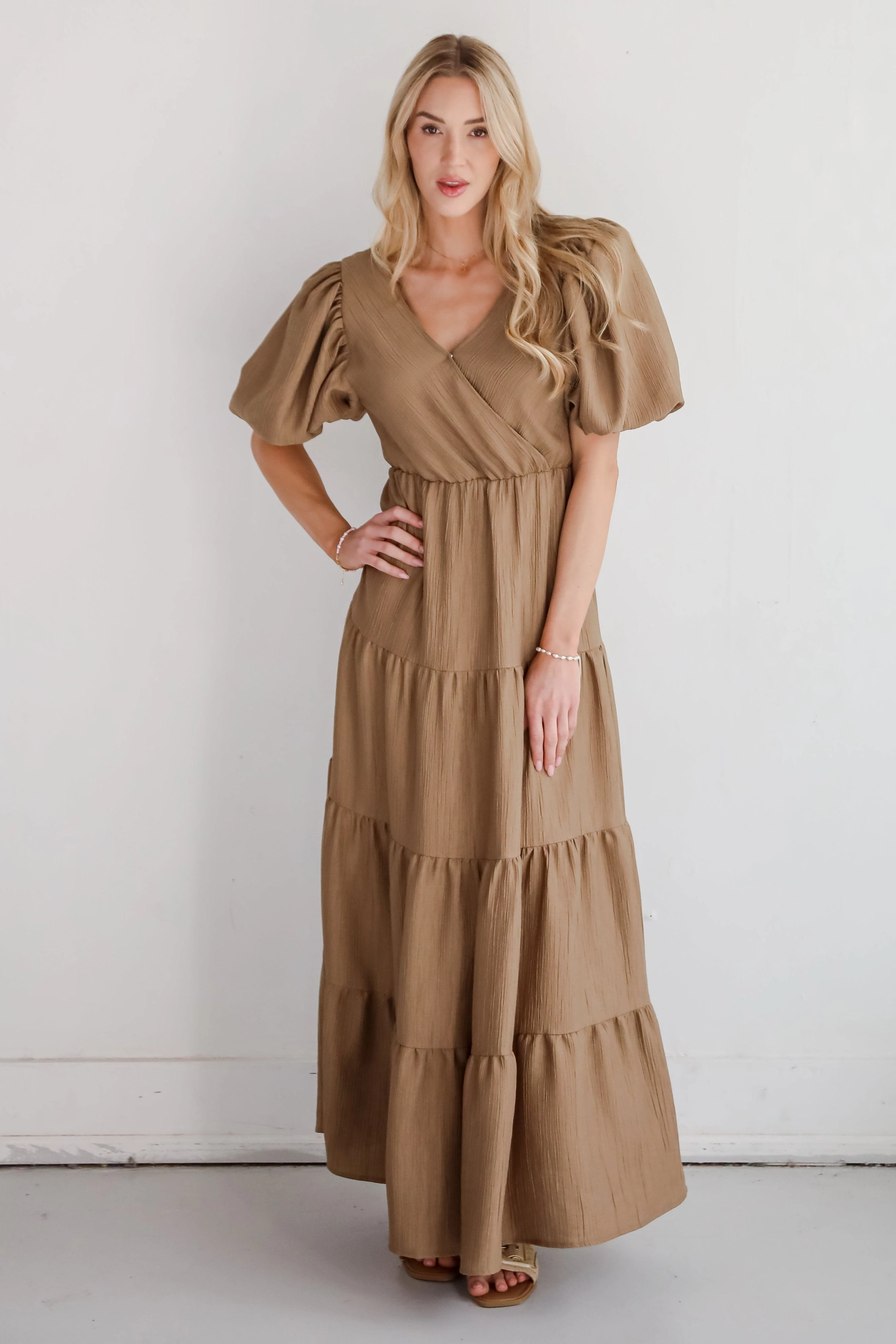 Ribbed-Texture Effortless Vibe FINAL SALE - Aesthetic Ease Taupe Tiered Maxi Dress
