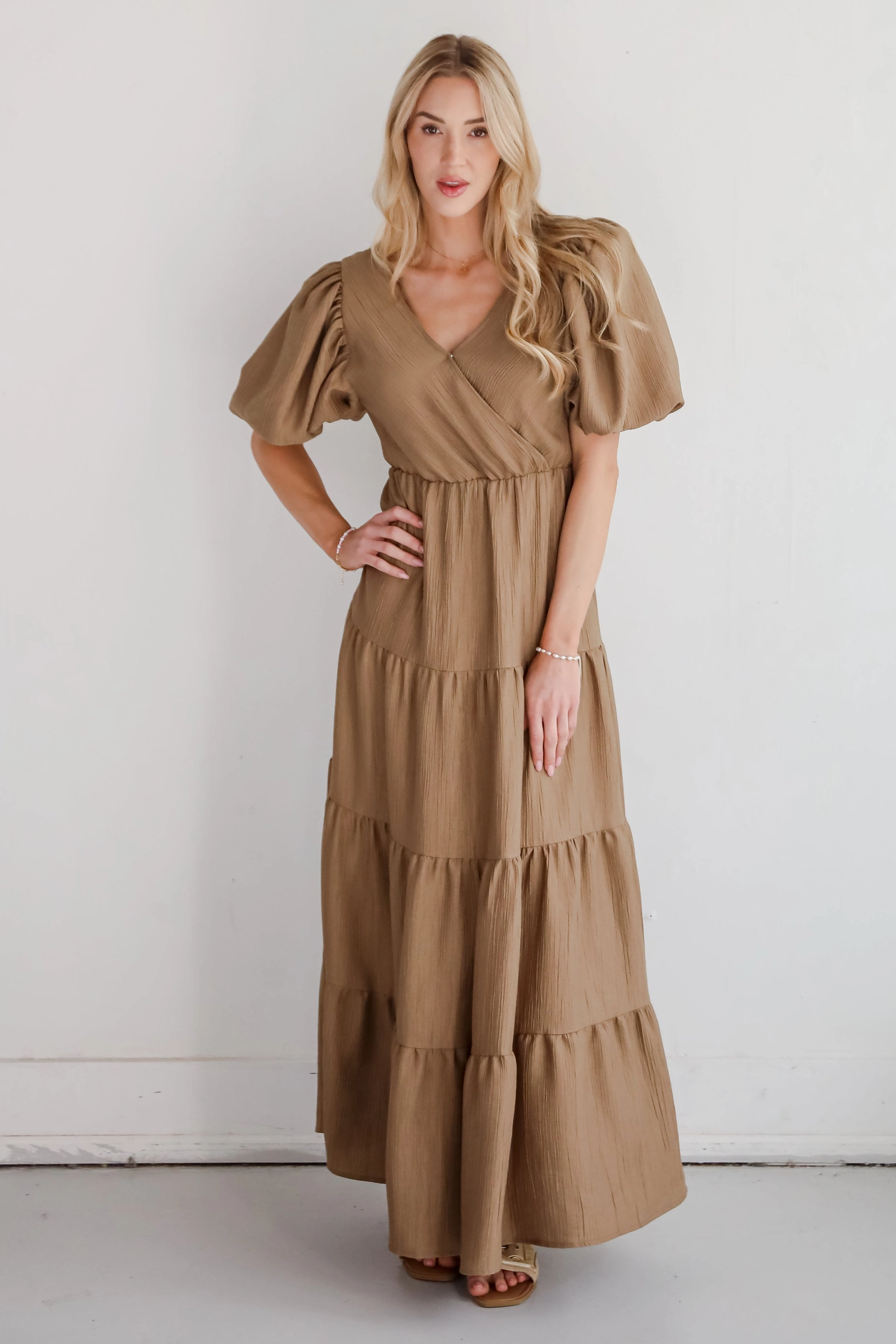FINAL SALE - Aesthetic Ease Taupe Tiered Maxi Dress LightweightMaterial Dreamy Flow