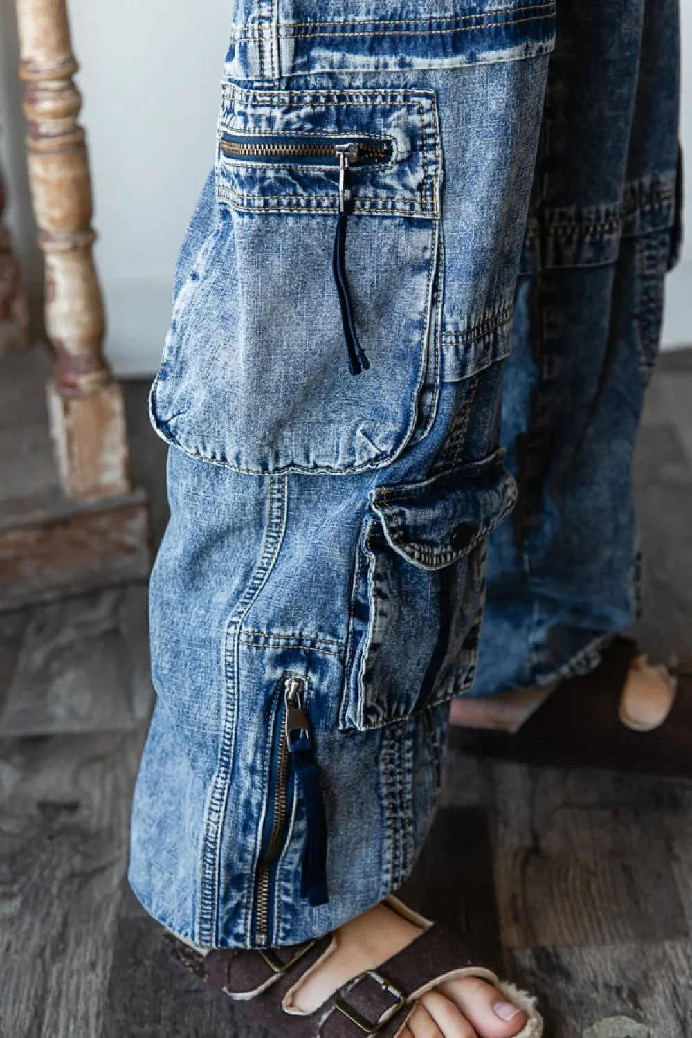 ReinforcedHemline Washed Denim Cargo Jeans