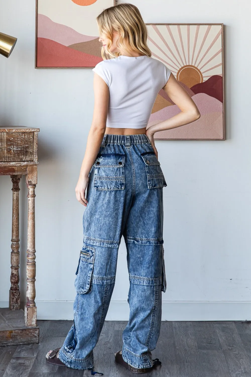 Washed Denim Cargo Jeans Chilly Day Wear