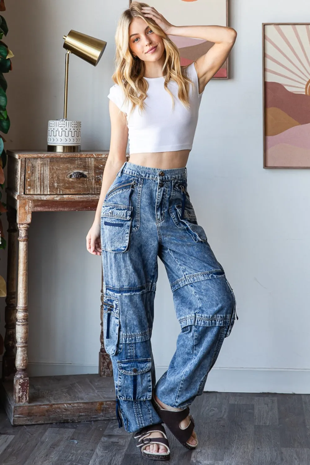 Embroidered Detail Washed Denim Cargo Jeans