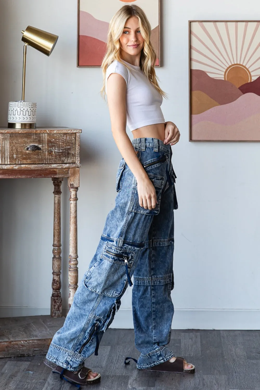 Moisture Wicking Fabric Washed Denim Cargo Jeans