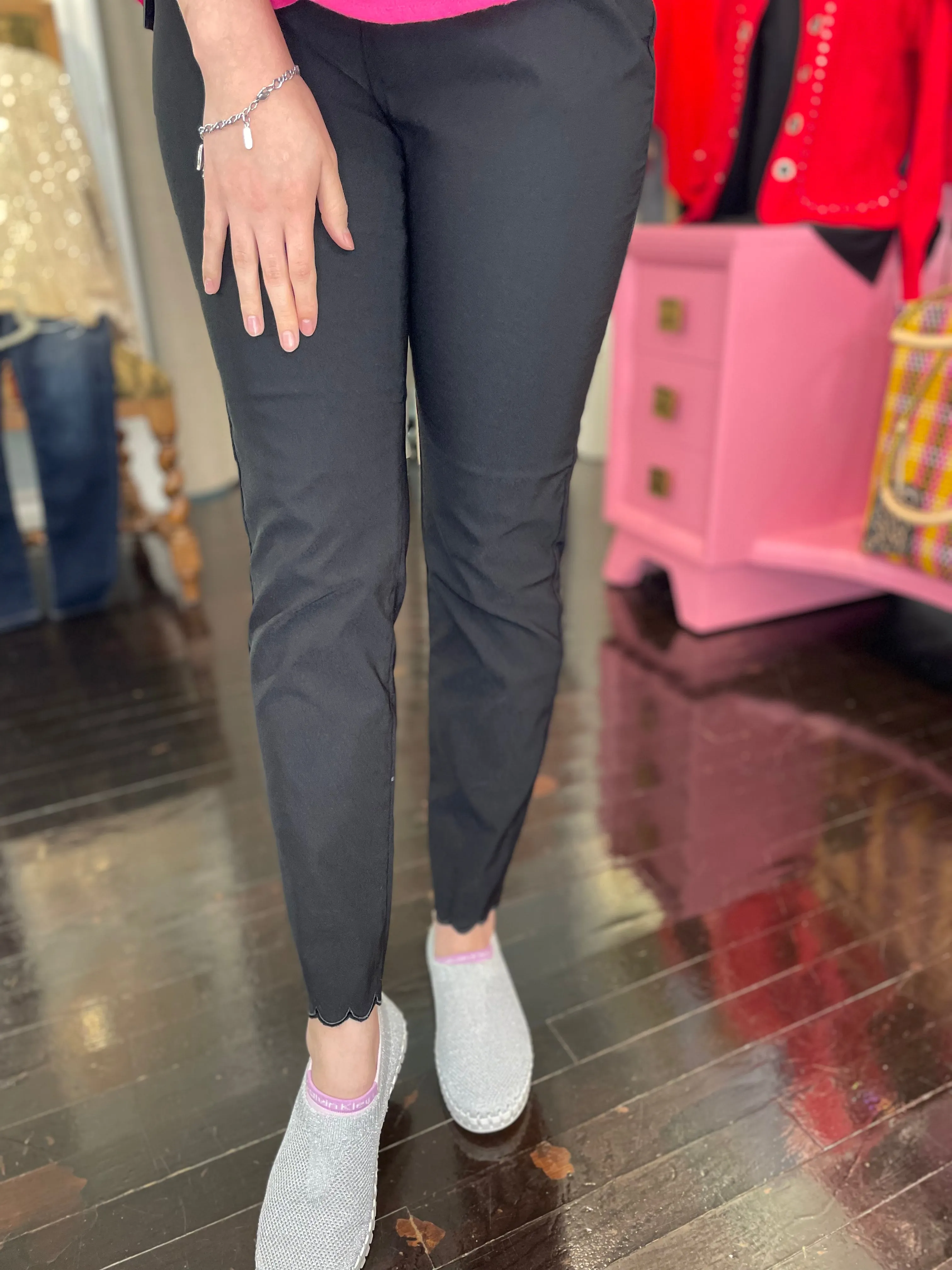 Black Pull On Ankle Pant w/ Scalloped Hem Odor Resistant Treatment