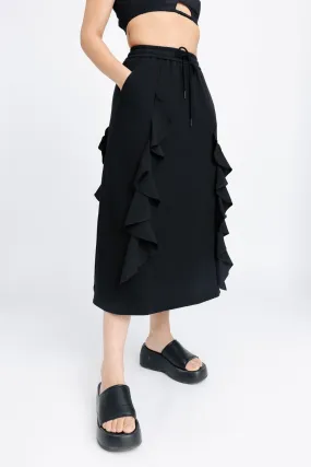 Outdoor Gathering Sustainable Innovation Black Ruffled Midi Skirt