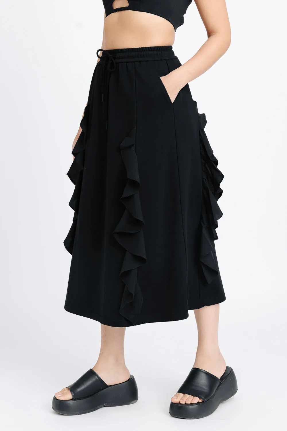 Black Ruffled Midi Skirt Water Repellent Finish