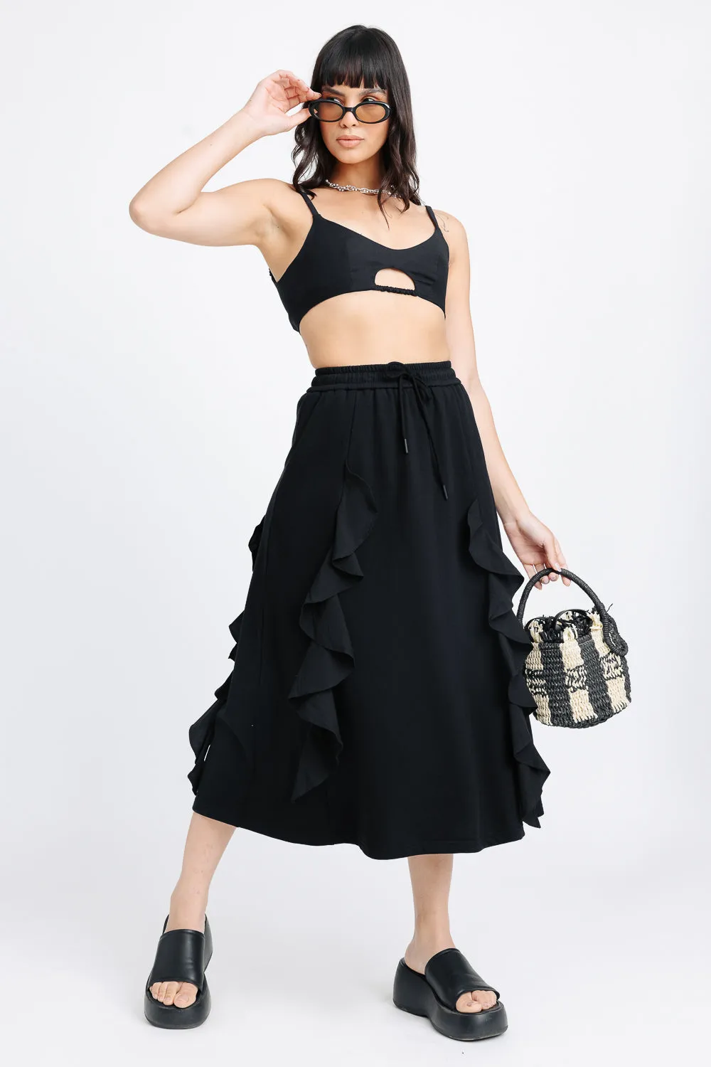 Quilted Texture Black Ruffled Midi Skirt