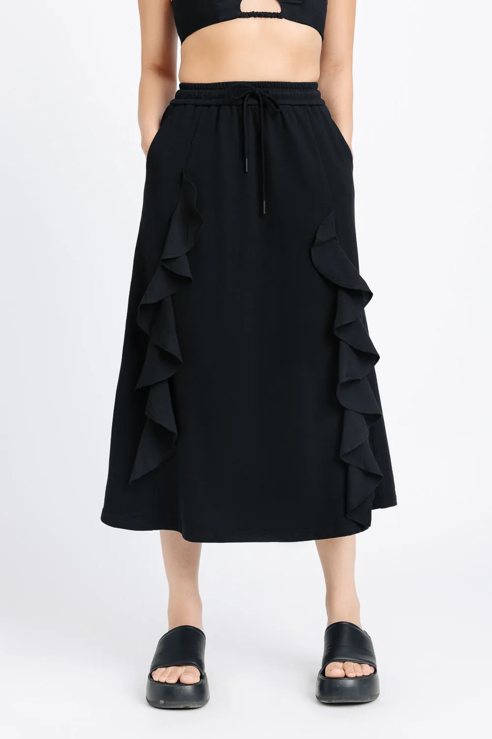 Black Ruffled Midi Skirt Recycled Polyester Modern Outfit