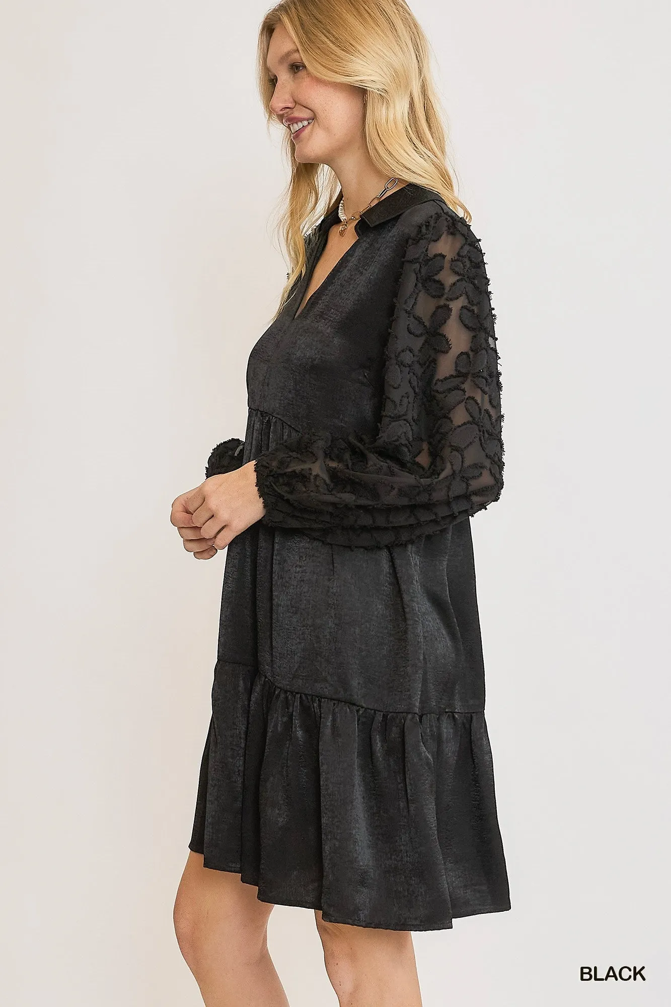 Travel-friendly Black Satin V-Neck Mini Dress w/ Burnout Sleeves