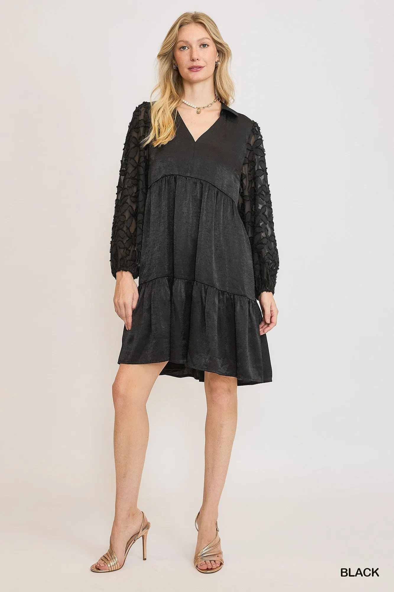 Black Satin V-Neck Mini Dress w/ Burnout Sleeves Maternity-Fit