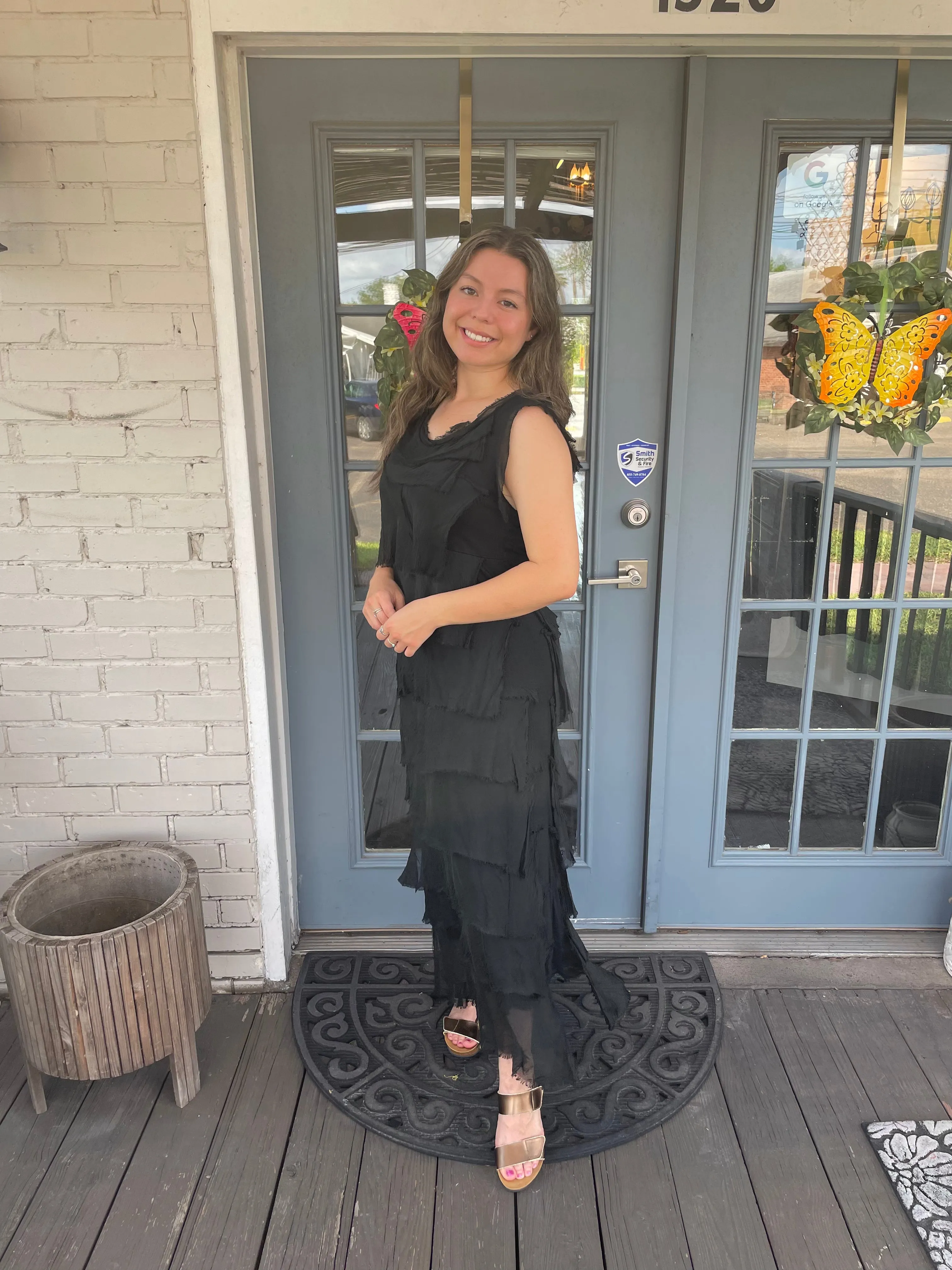 Black Silk Ankle Length Ruffle Dress Comfy and Cozy Soft Draping