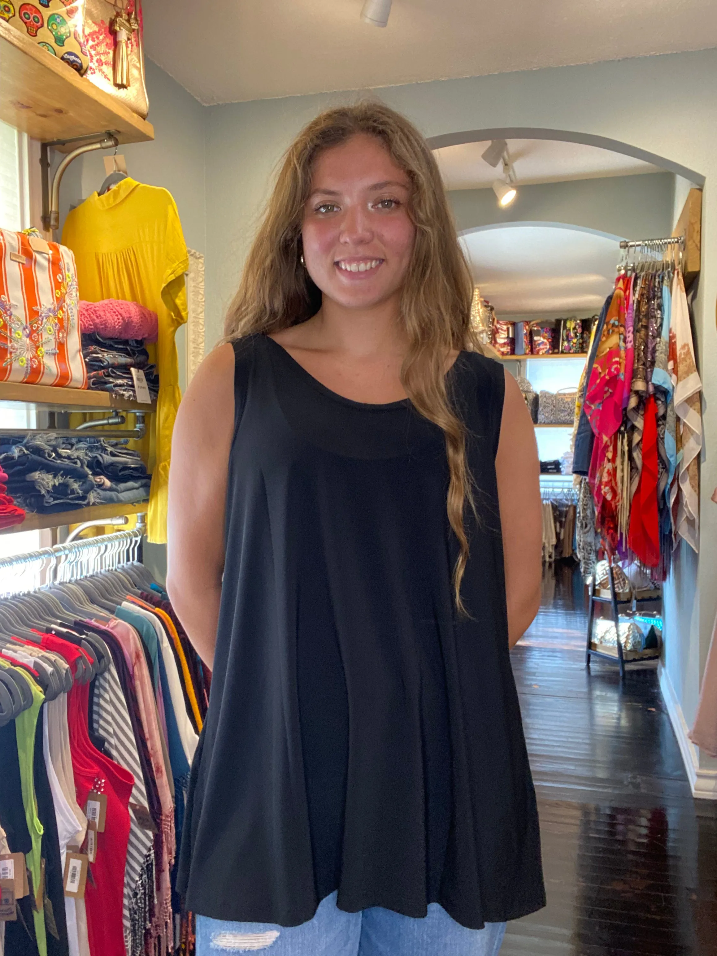 Black V-Neck to Round Neck Reversible Tank Top Summer Style Linen Blend Fabric