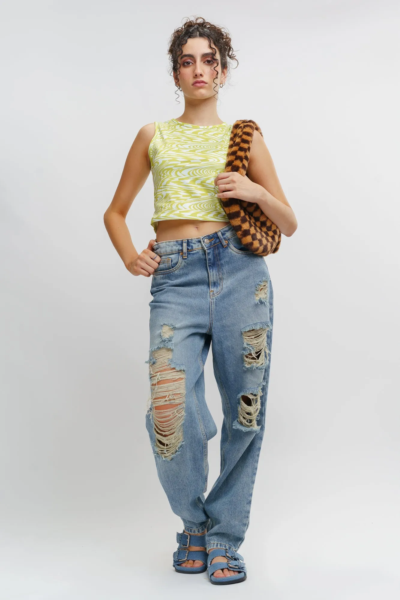 Blue Distress Women's Slouchy Jeans Tailored Waistband