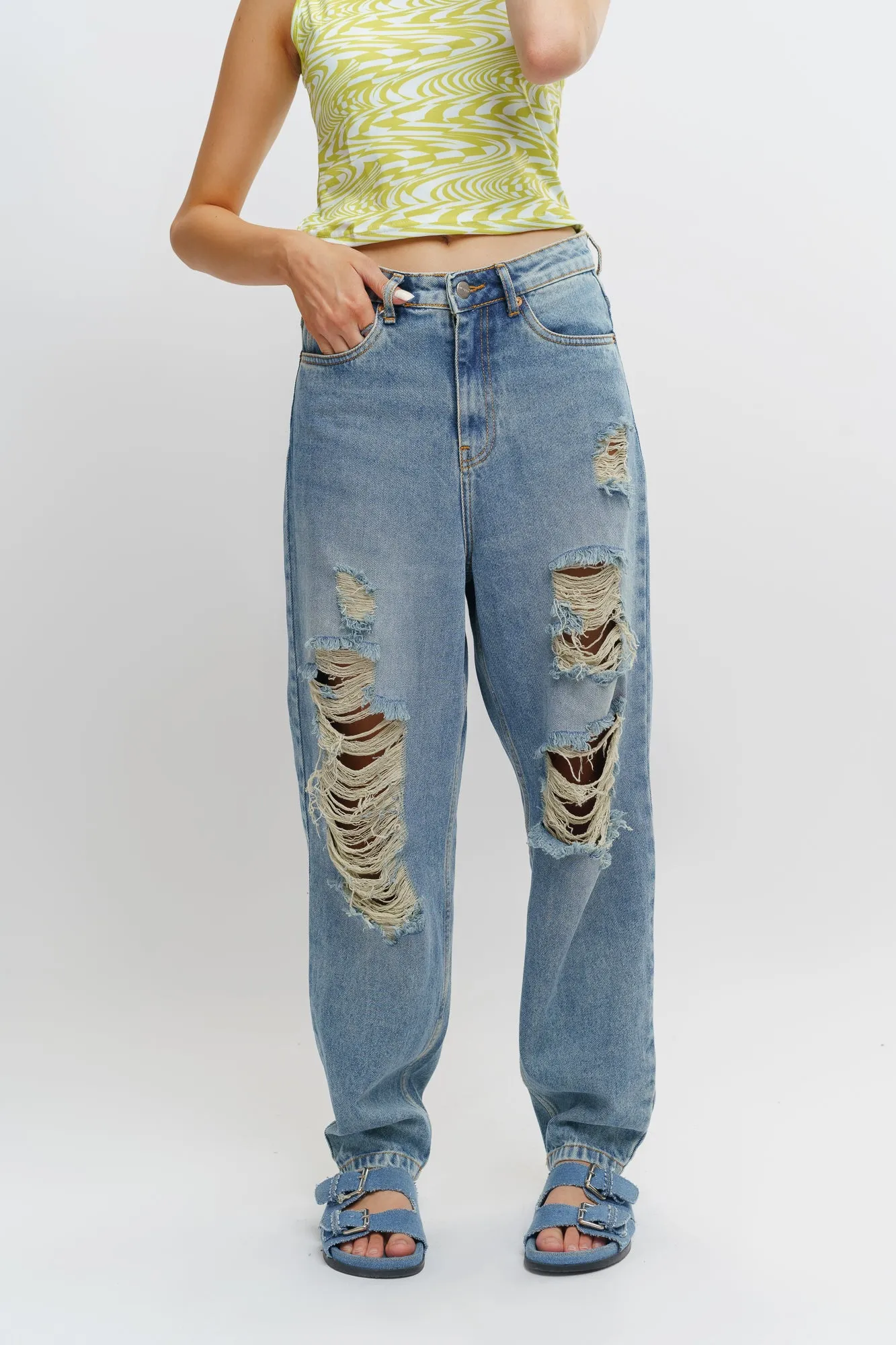 Date Night Sustainable Blue Distress Women's Slouchy Jeans