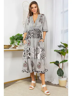 Boho Grey, Black & White Patchwork Maxi Dress Chic Waist Design