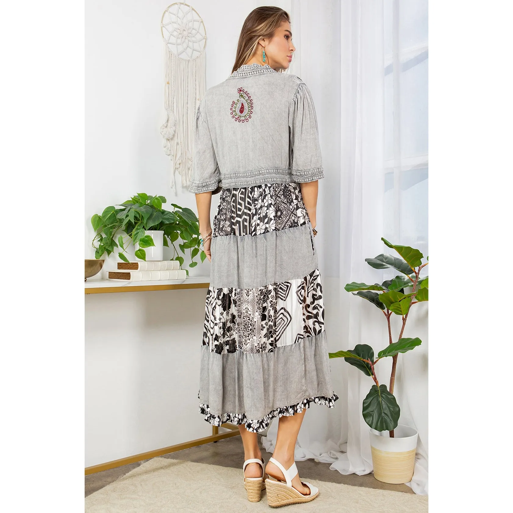 Boho Grey, Black & White Patchwork Maxi Dress A Line Cut