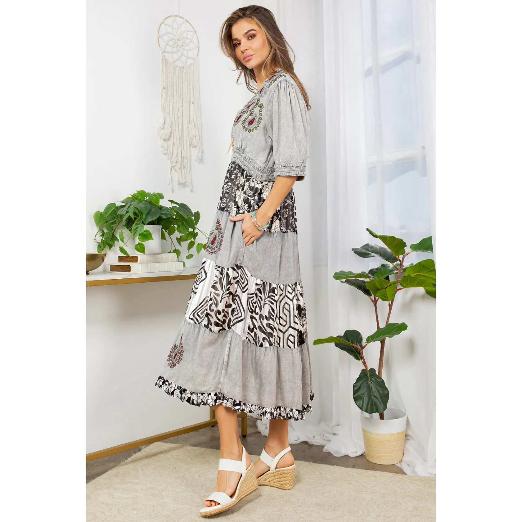 Spring Flow Mesh-Sleeve Boho Grey, Black & White Patchwork Maxi Dress