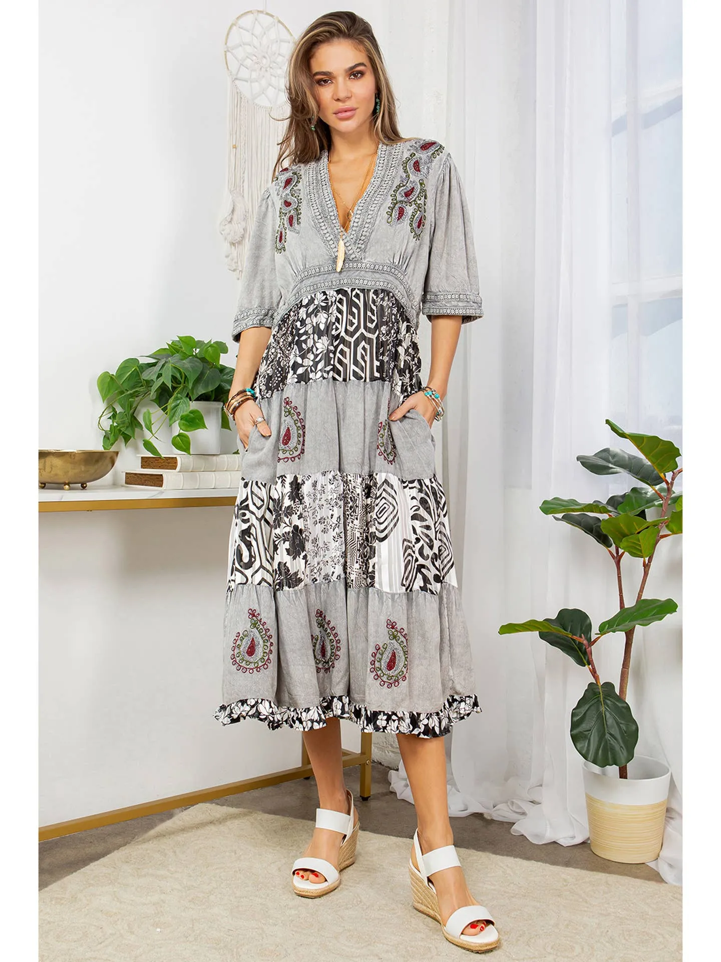 Boho Grey, Black & White Patchwork Maxi Dress Chic Waist Design