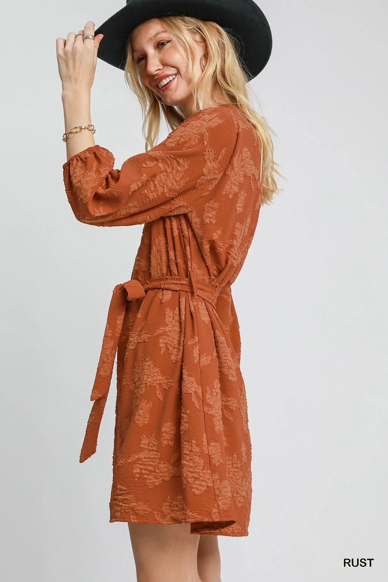Rust Jacquard Mini Dress Linen-Blend Flap-Detail