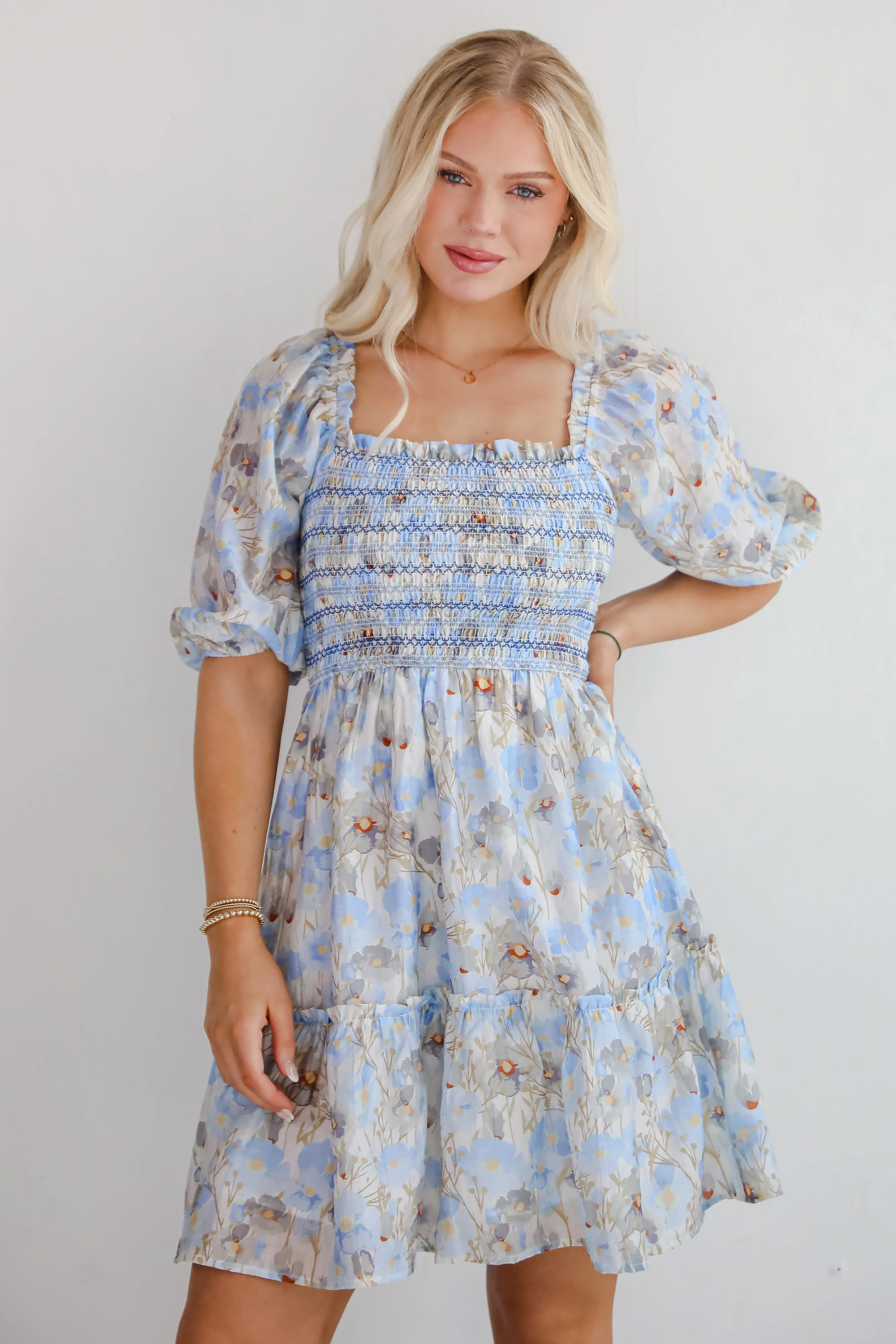 Winter Layering Vacation Vibes FINAL SALE - Cute Objective Light Blue Floral Smocked Mini Dress