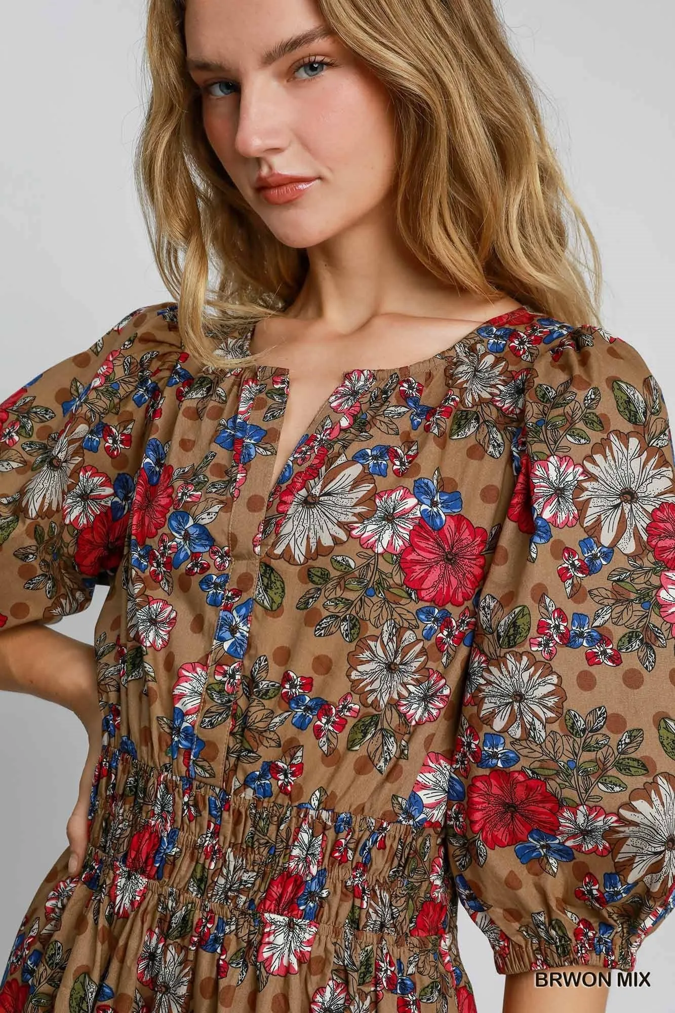 Light And Airy Brown Mix Floral Print Midi Dress