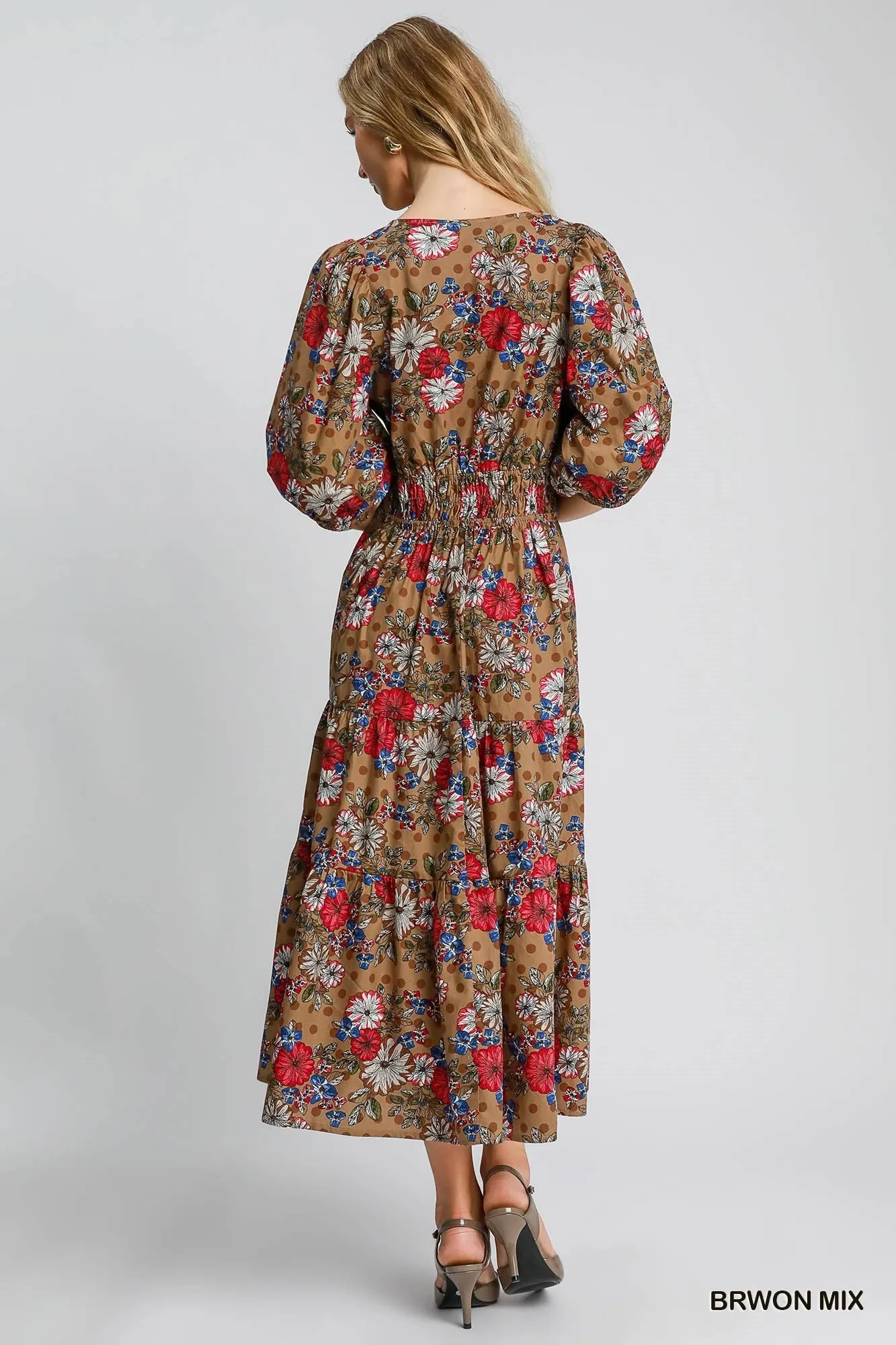 Workwear Comfort Fashion Look Brown Mix Floral Print Midi Dress