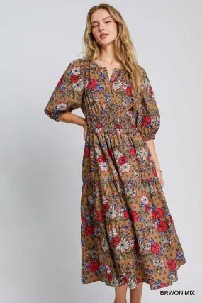 Brown Mix Floral Print Midi Dress Dry-Clean-Only Comfortable Waist