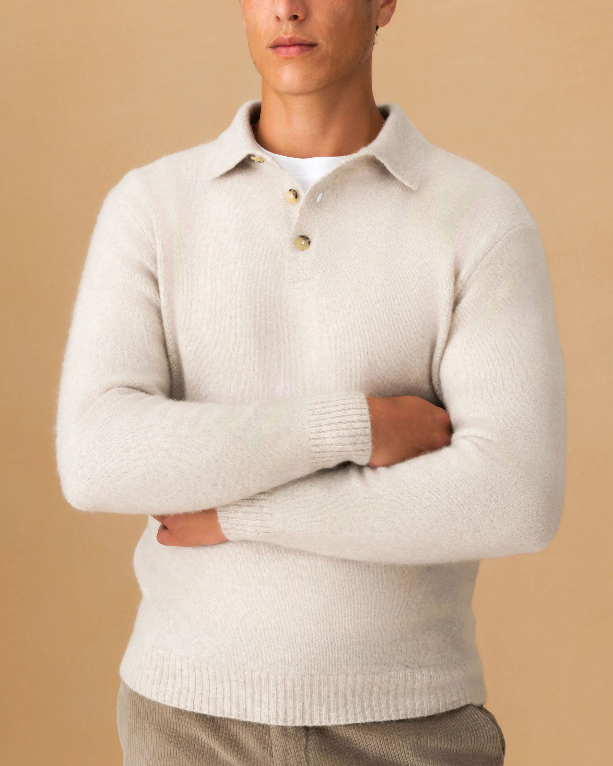 Brushed Cashmere Silk Long Sleeve Polo Shirt Ventilation Panel Design