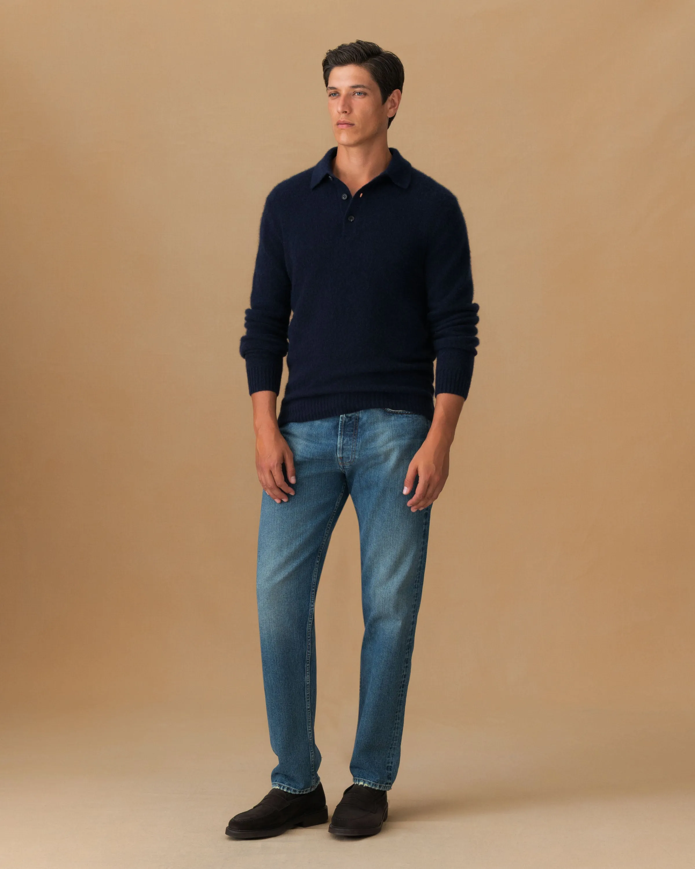 Mid layer Brushed Cashmere Silk Long Sleeve Polo Shirt