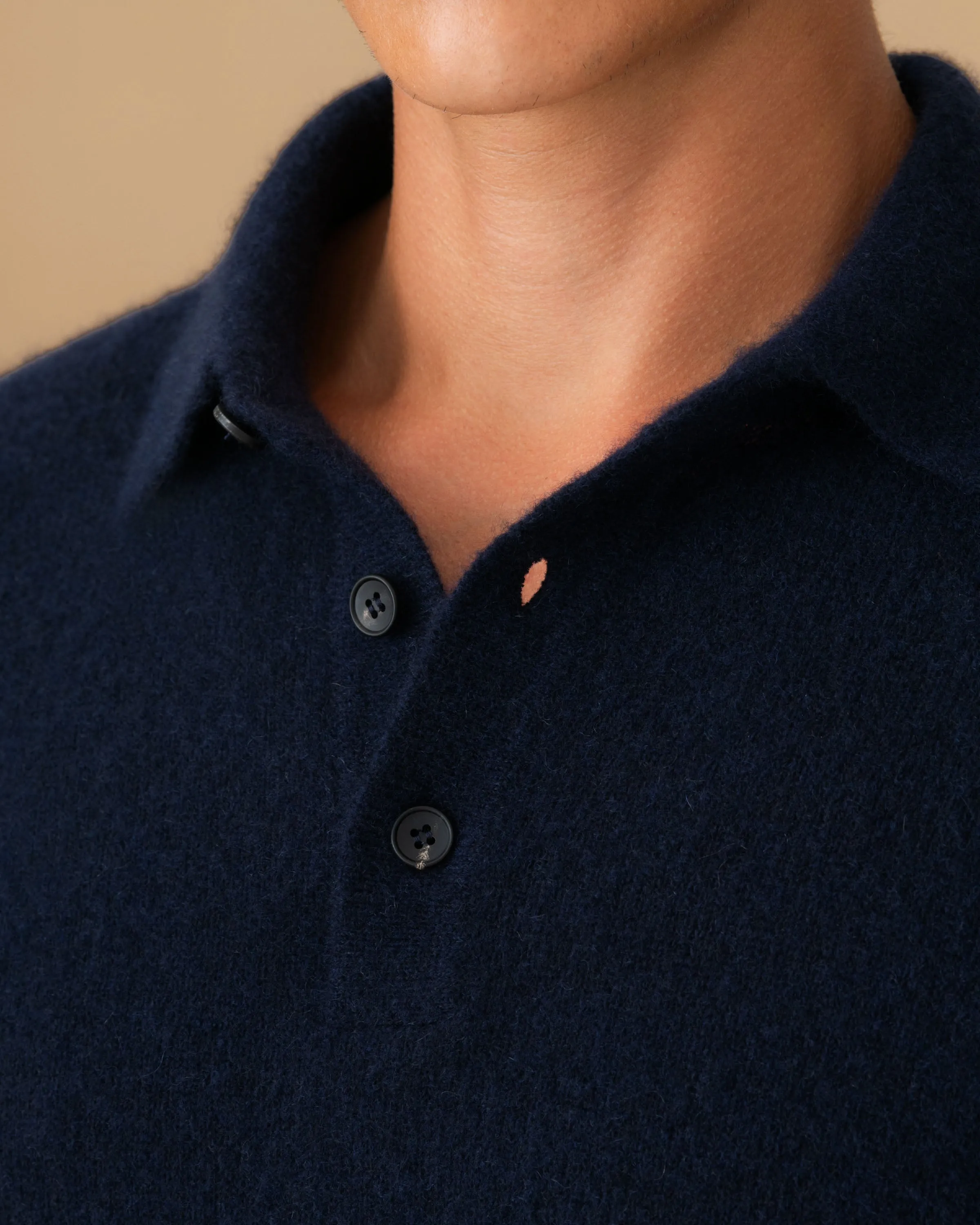 Brushed Cashmere Silk Long Sleeve Polo Shirt Knit Reinforced Edges