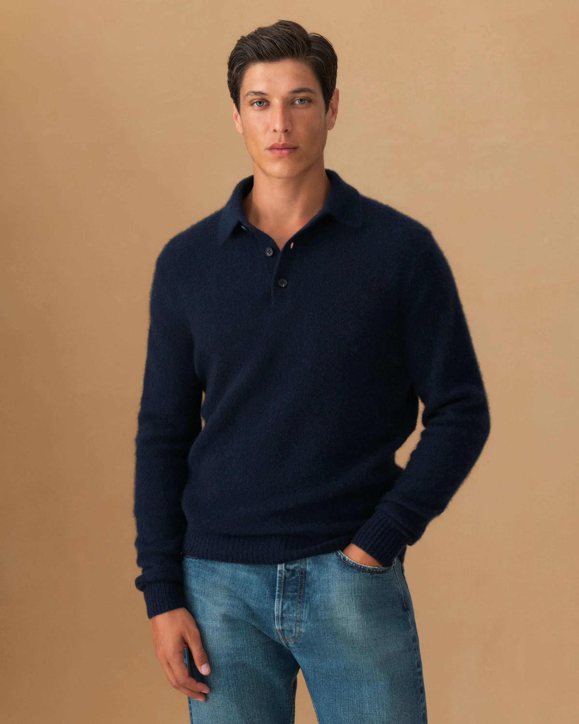 Hypoallergenic Yarn Cozy Mood Brushed Cashmere Silk Long Sleeve Polo Shirt