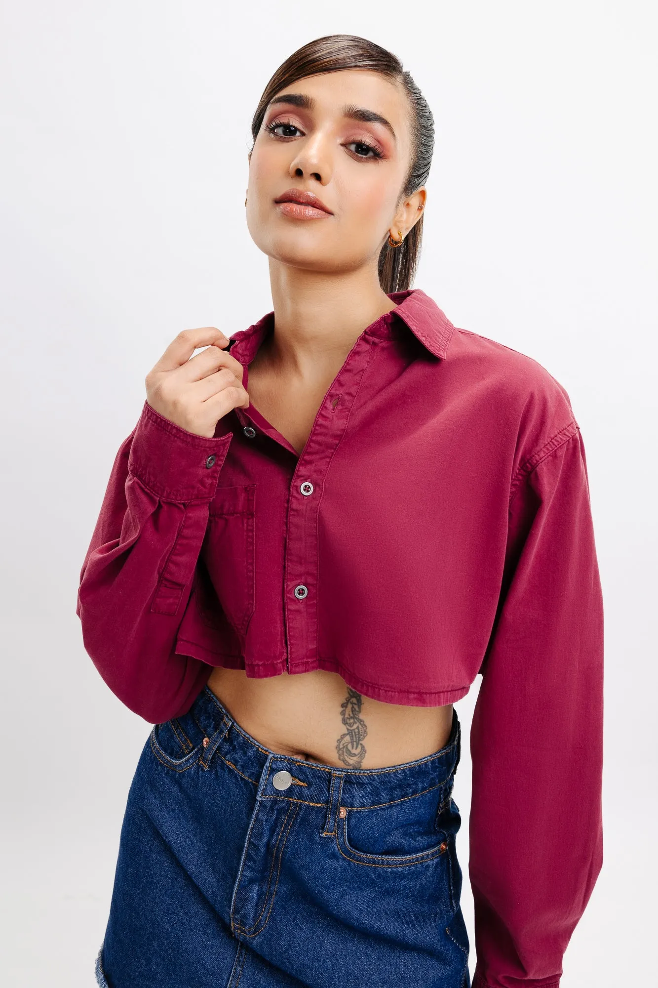 Versatile Wear Breathable Layer Burgundy Full Sleeves Crop Shirt