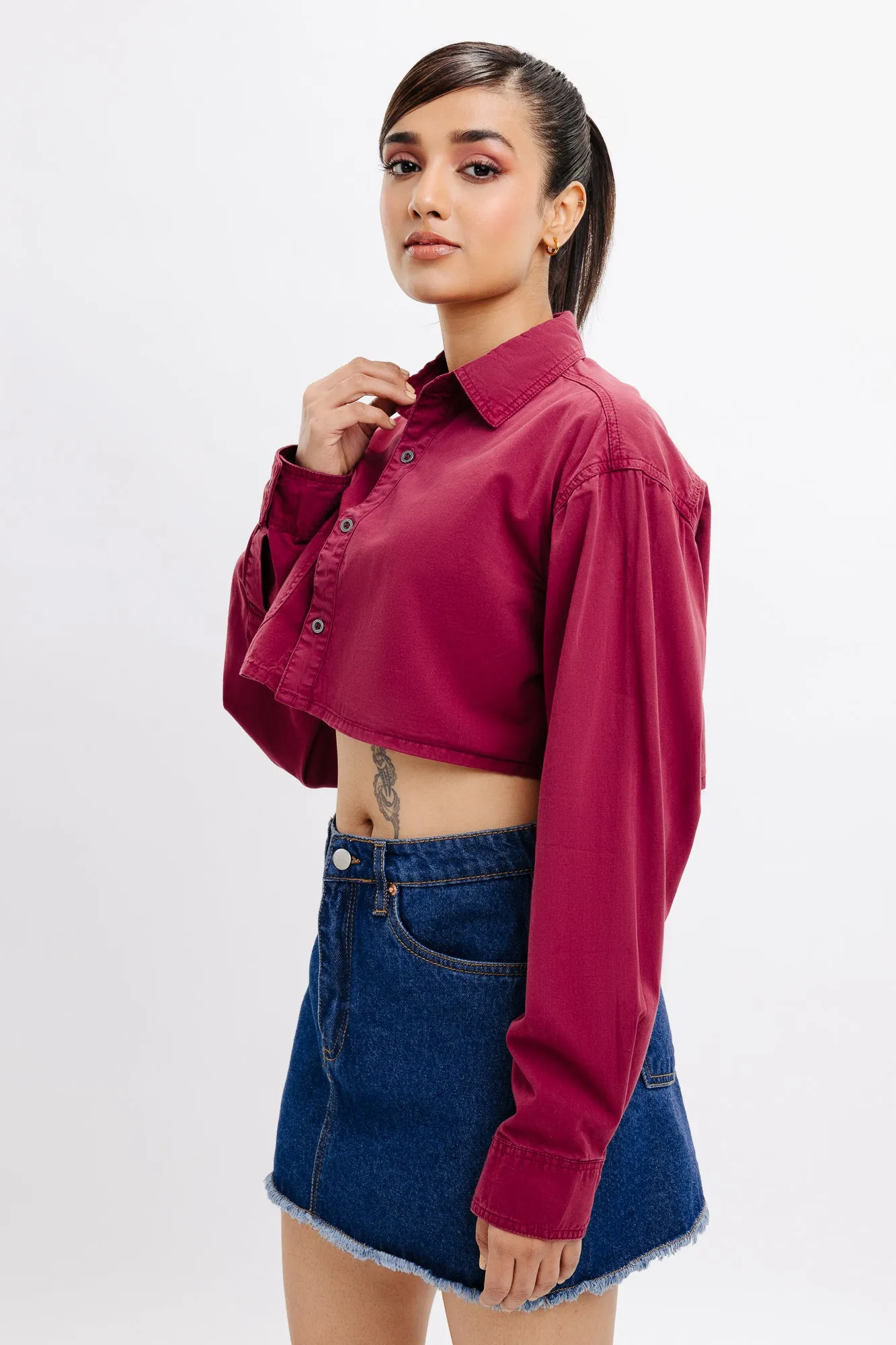 Mountain Retreat Workwear Essential Burgundy Full Sleeves Crop Shirt