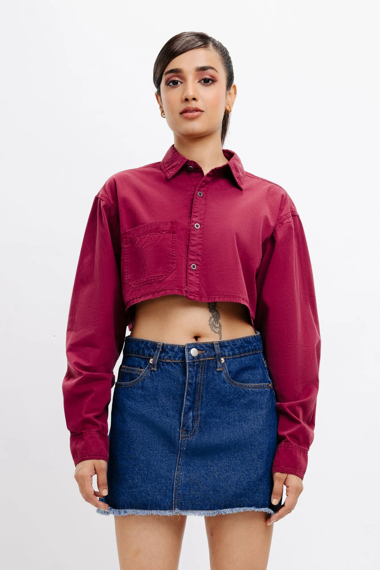 Resort Wear Timeless Piece Burgundy Full Sleeves Crop Shirt