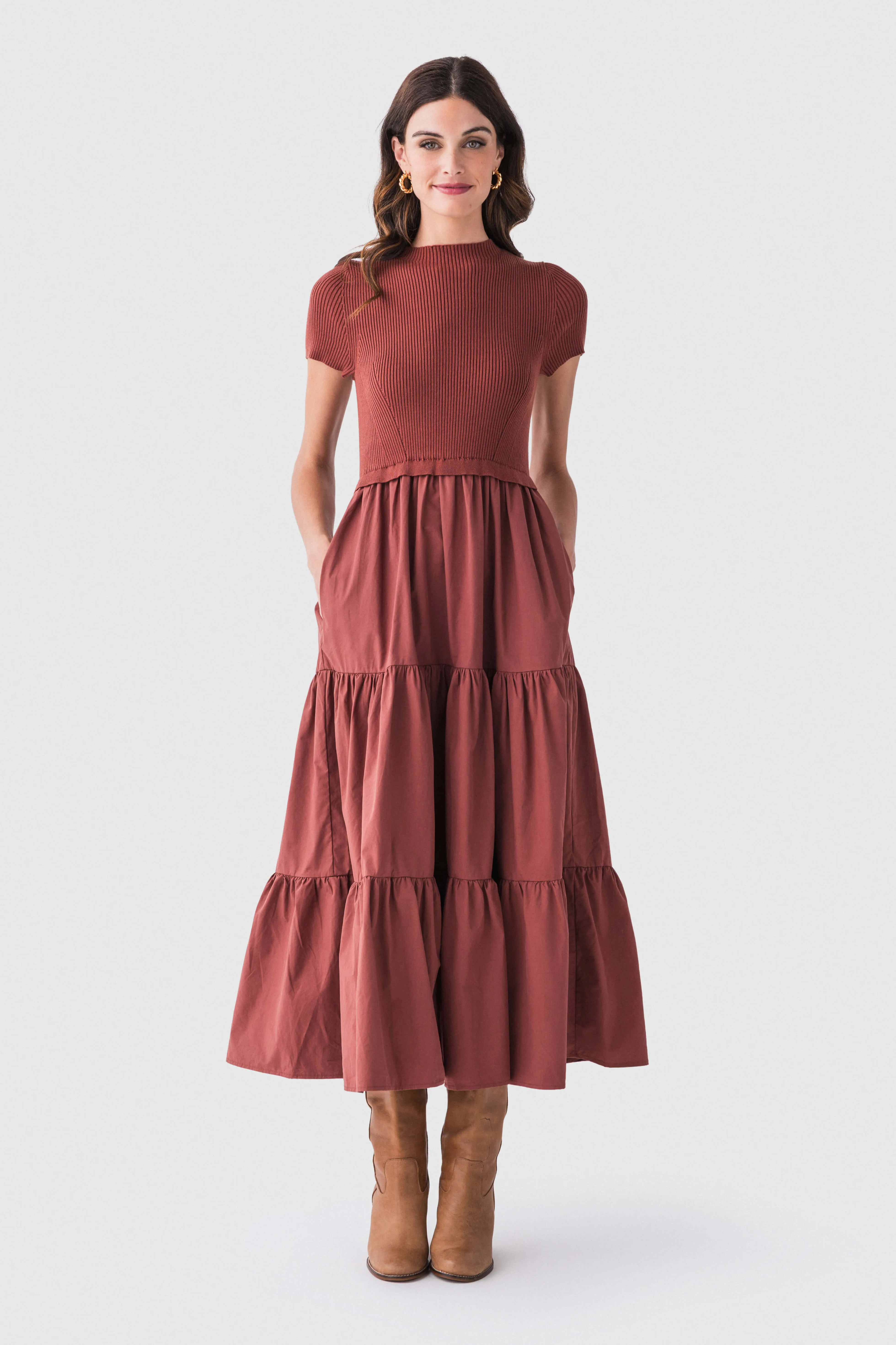 Cammelia Mock Neck Knit Tiered Midi Dress Style focused