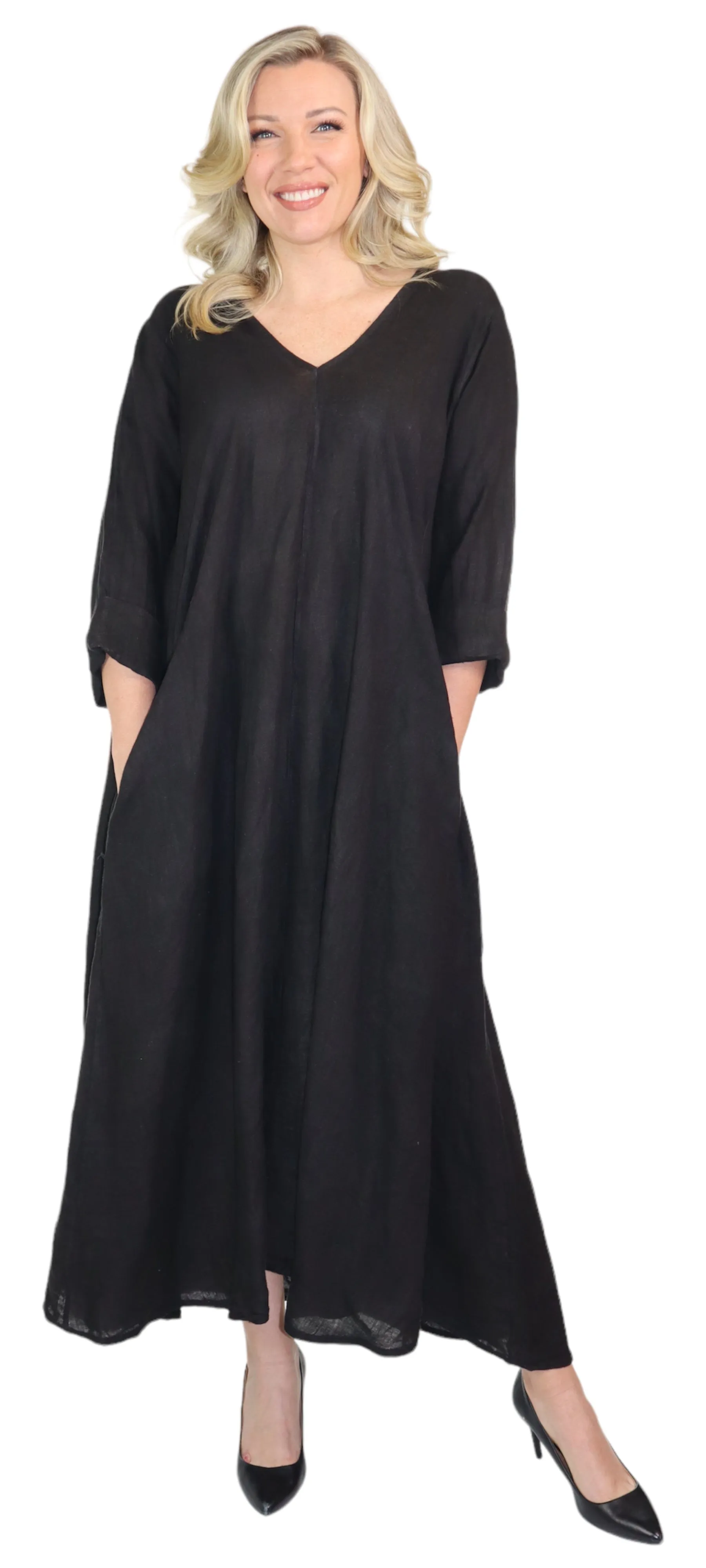 Black Washed Linen Dress Flower Soft